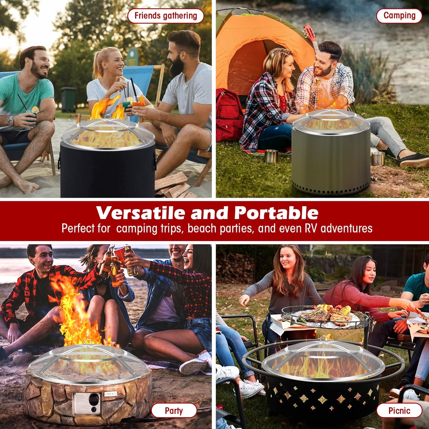 Fire Pit Spark Screen,24 Inch Fire Pit Screen Cover Stainless Steel Outdoor with Handle&Poker,Firepit Screens Cover Round Mesh Lid Heavy-Duty Steel Replacement for Backyard/Beach/RV Camping