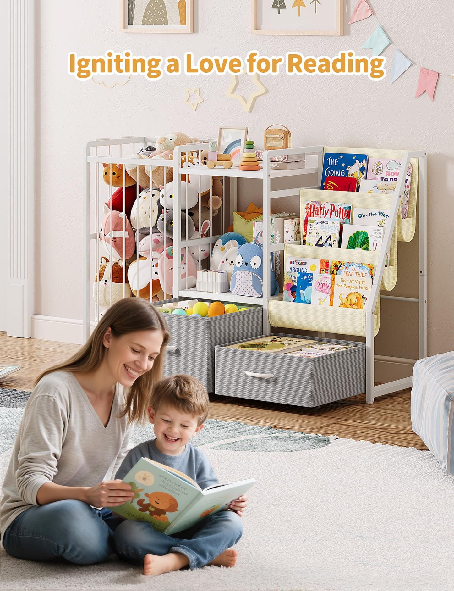 Kids Bookshelf and Toy Storage, Large 3 Tier Book Shelf for Kids Rooms, Sling Baby Bookcase with Stuffed Animal Storage, Toddler Montessori Bookshelf for Nursery, Playroom, Kindergarten