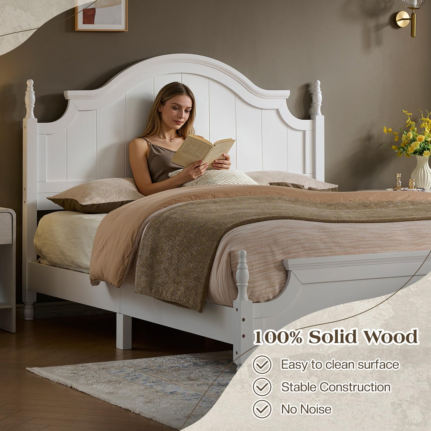 LUXOAK California King Solid Wood Poster Bed, 55" Arched Headboard, White