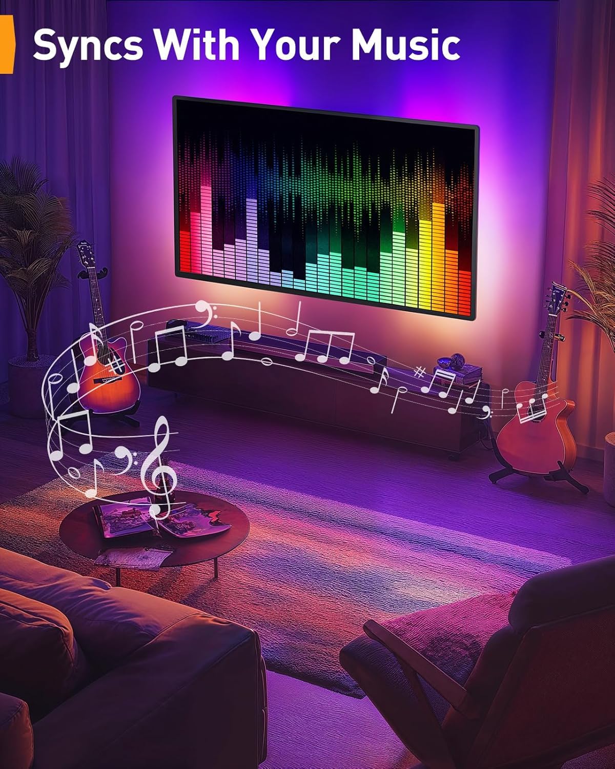 Perlegear AuraFrame™ Pre-Assembled TV Wall Mount with LED Lights for 26-65 inch TVs up to 99 lbs, Max VESA 400x400mm, Swivel, Extension, Tilt, TV Backlights with Music Sync, Fits 16”/12” Wood Studs