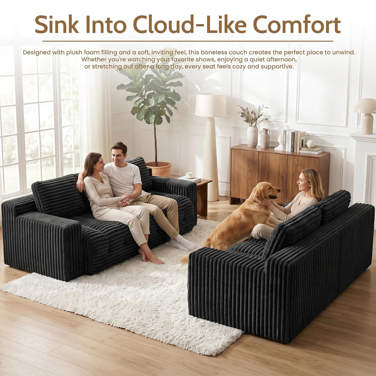 Tykacna 70” Boneless Couch, 3 Seater Sofa Couch with Extra Deep Seats 3 Pillows,Corduroy Modern Small Couch for Living Room, Office, Bedroom, Apartment,Black