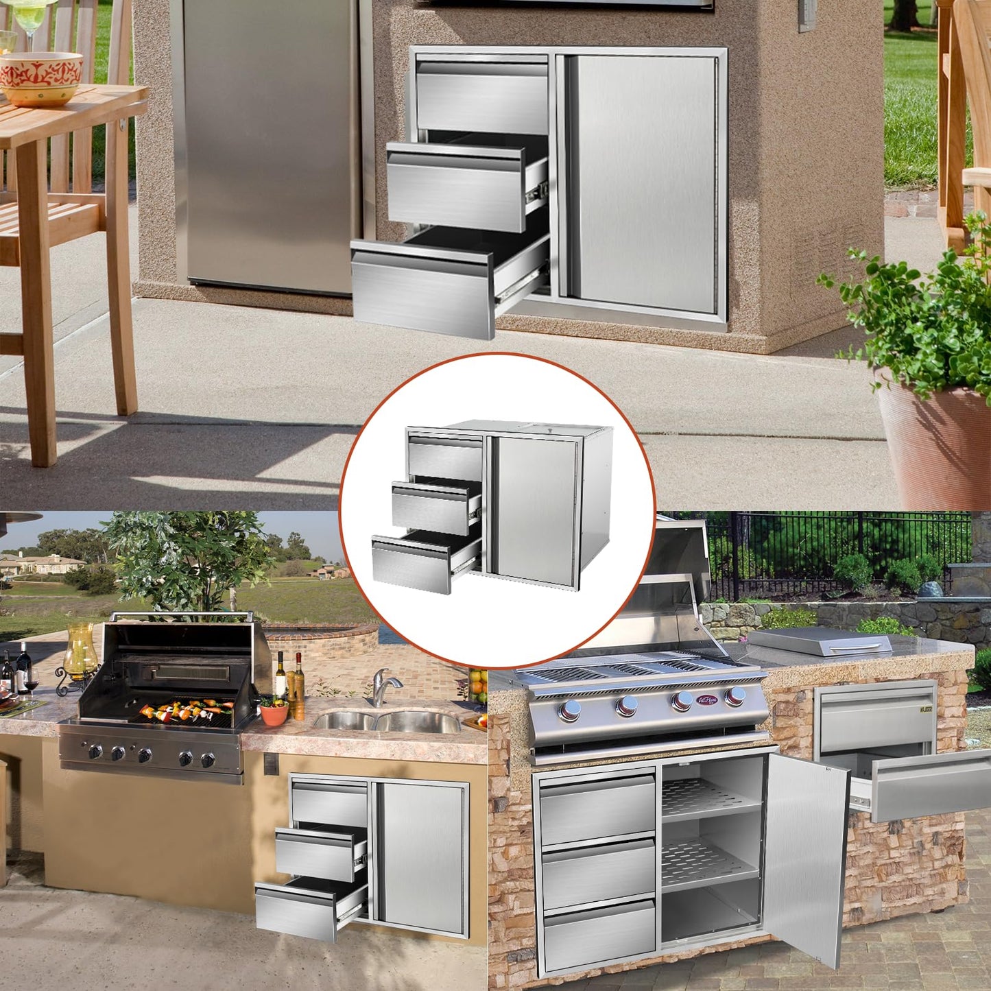 RUXVONB 28" W x 22" H x 19.5" D Stainless Steel Outdoor Kitchen Door Drawer Combo Cabinet, Built-in Triple Drawers and Right Access Door with Shelves for BBQ Island and Patio Grill Station
