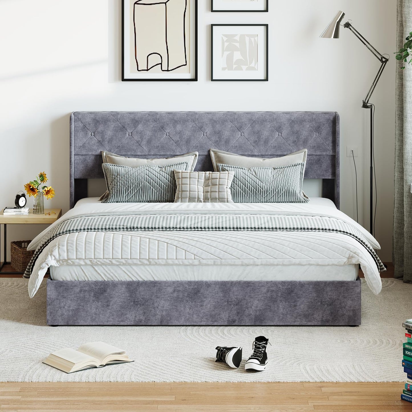 Sweetcrispy King Size Lift Up Storage Bed, Modern Upholstered Platform Bed Frame with Wingback Headboard, Hydraulic Lift Storage, No Box Spring Needed, Easy Assembly, Grey