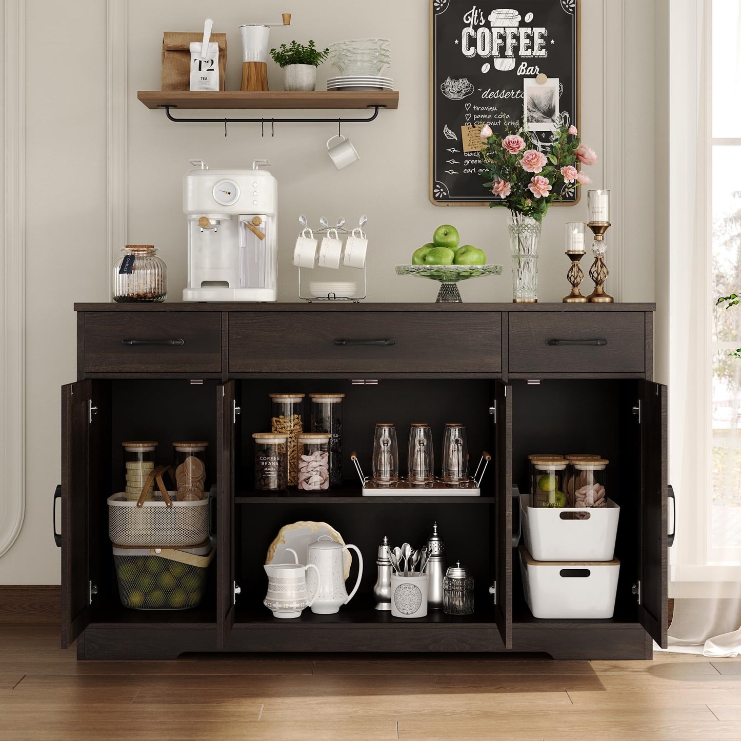 HOSTACK Buffet Cabinet with Drawers, 55" Large Sideboard Buffet Storage Cabinet with Shelves and Doors, Modern Farmhouse Coffee Bar Station Wood Kitchen Table for Kitchen, Dining Room, Dark Brown