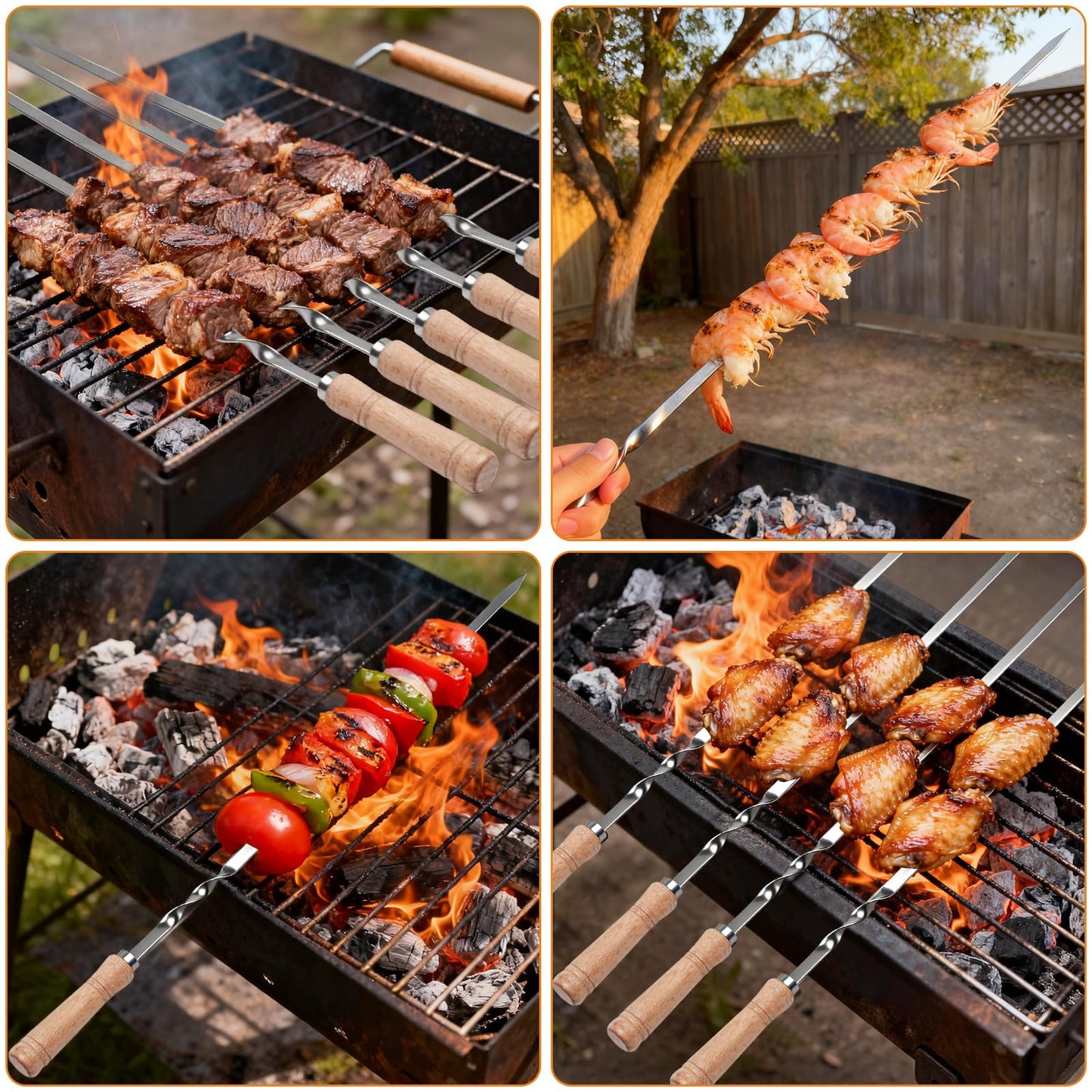 Idong 15 PCS Kabob Skewers 23.6" Large Size Flat Stainless Steel BBQ Skewers for Grilling Meat with Wood Handle, Reusable Metal Grilling Set for Koobideh Persian Shrimp Chicken Vegetable Kebab Fork