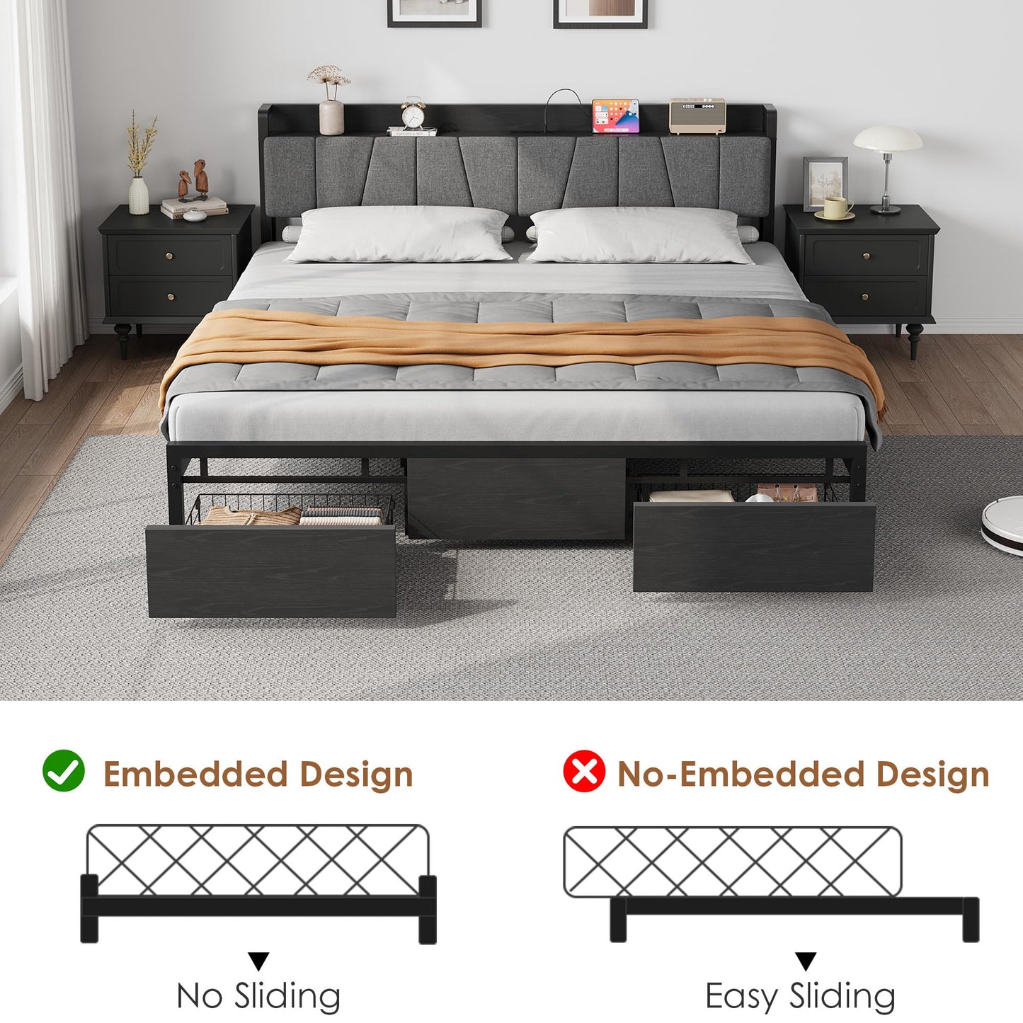 GarveeHome King Size Bed Frame with Storage Headboard, Black King Platform Bed with 2 Large Drawers and Charging Station, Industrial No Box Spring Needed Bedframe