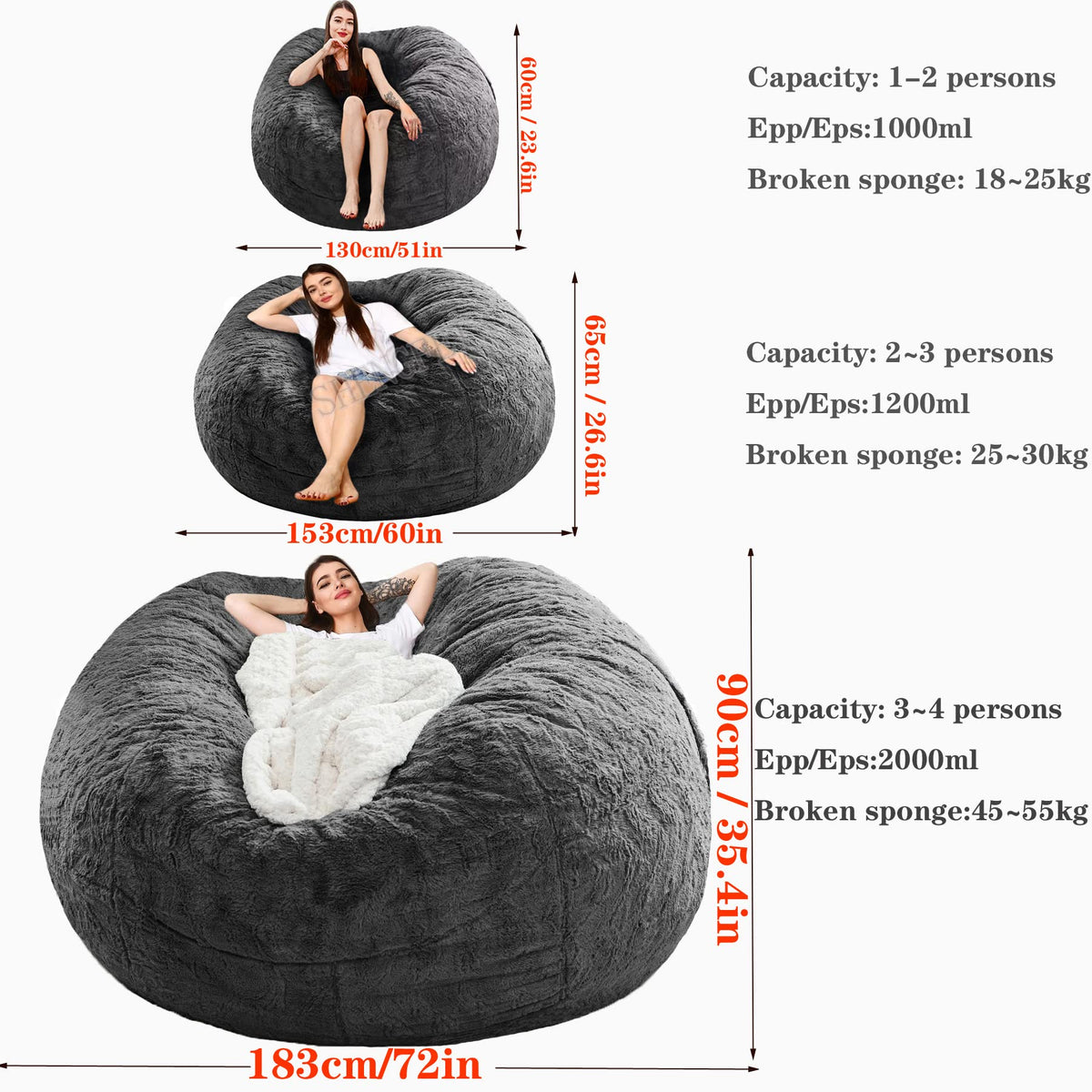 Halatua Soft Bean Bag Sofa Cover(NO Filler) Super Large Lazy Sofa Cover for Family (Dark Gray, 6FT(D153*H65cm) ONLY Cover)