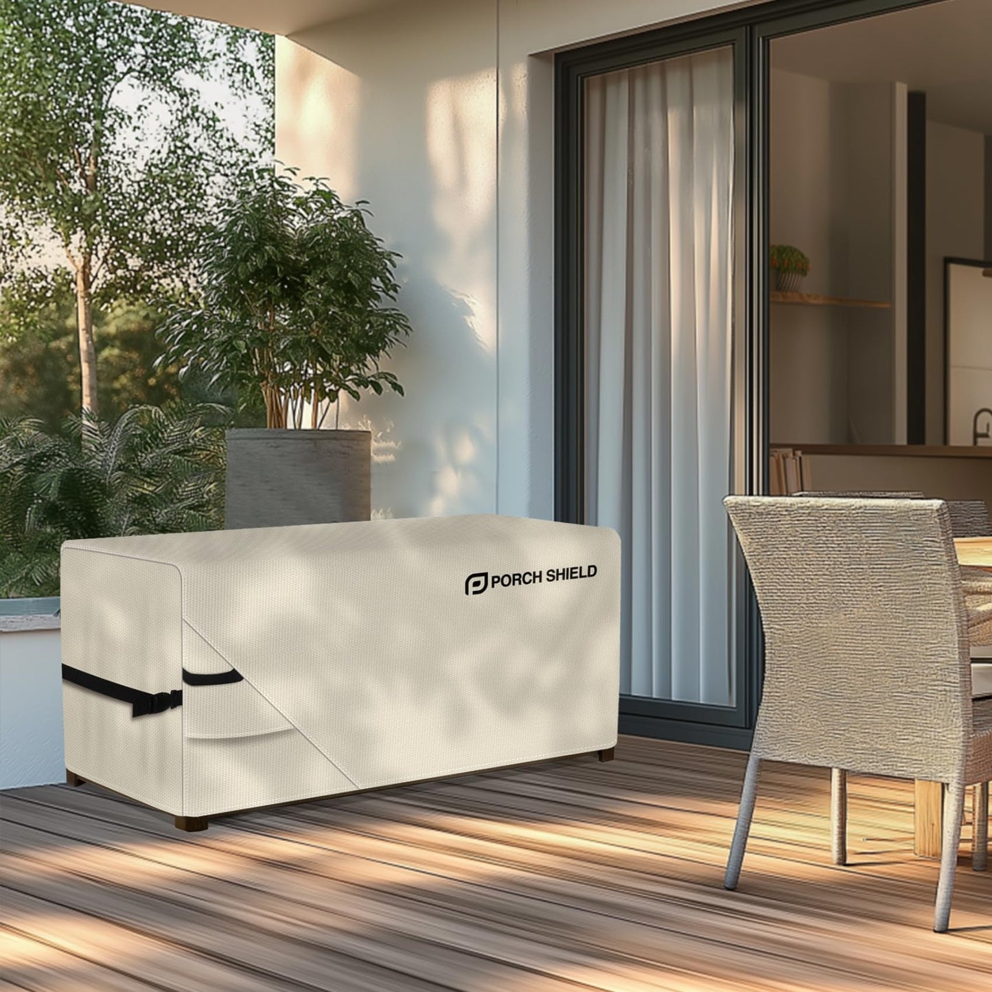 Porch Shield Patio Deck Box Storage Cover - 600D Outdoor Waterproof Cover for 73 Gallon Box Tear Resistant Rectangular Fire Pit Table Covers 44 x 28 x 24 inch Beige