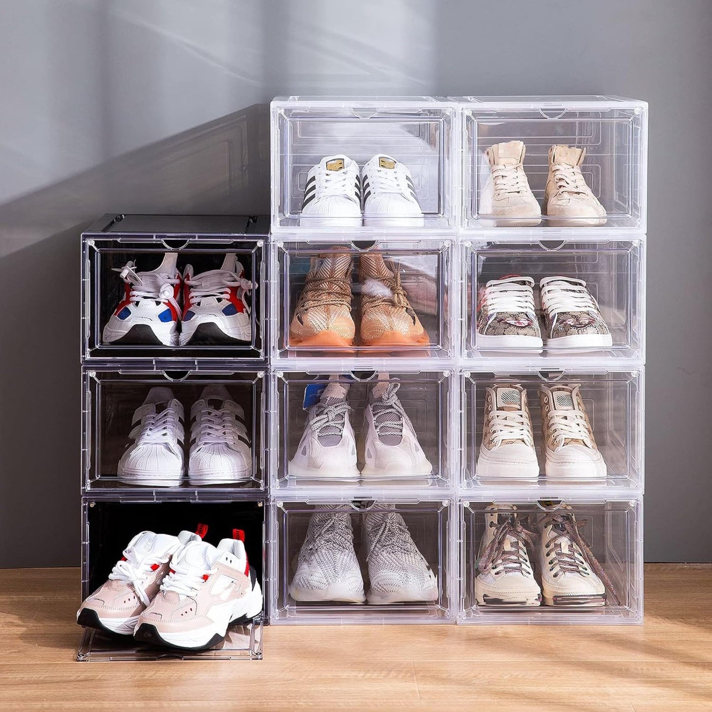 Attelite Shoe Storage Boxes Stackable Clear Shoe Organizer,6 Pack Black