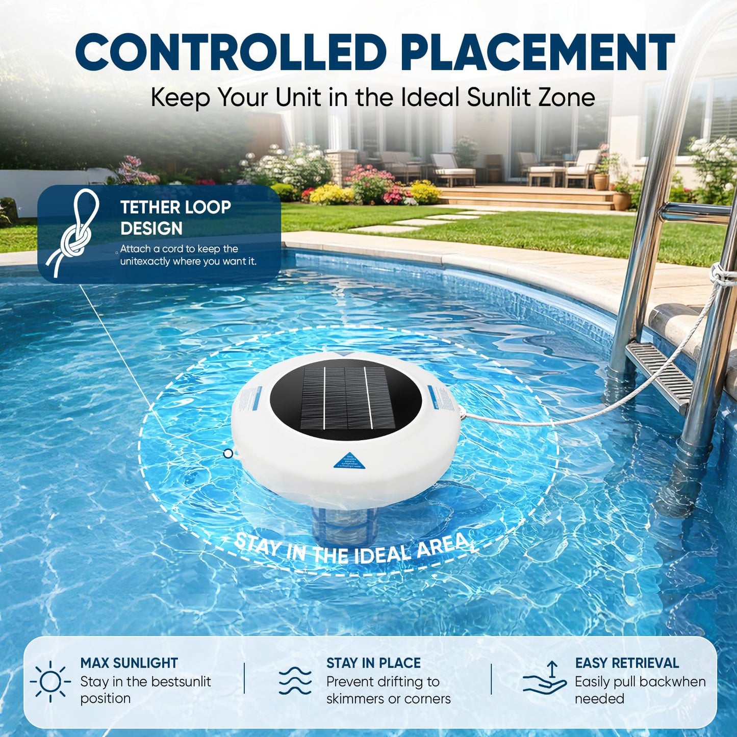 Upgraded Solar Pool Ionizer for Above Ground & Inground Pools, Floating Solar Powered Pool Water Cleaner for Pools Up to 45,000 Gallons, Copper Pool Ionizer with Easy Maintenance