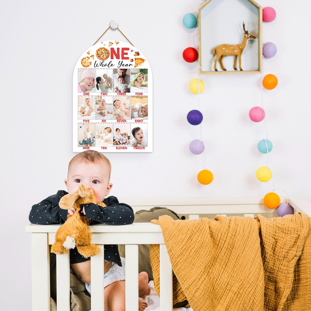 Pizza My First Year Photo Board, One Whole Year Birthday Decoration Photo Frame, 12 Monthly Baby Milestone Wooden Sign, Pizza Nursery Decor for Boy Girl, Gender Neutral Baby Keepsake Gifts-A07