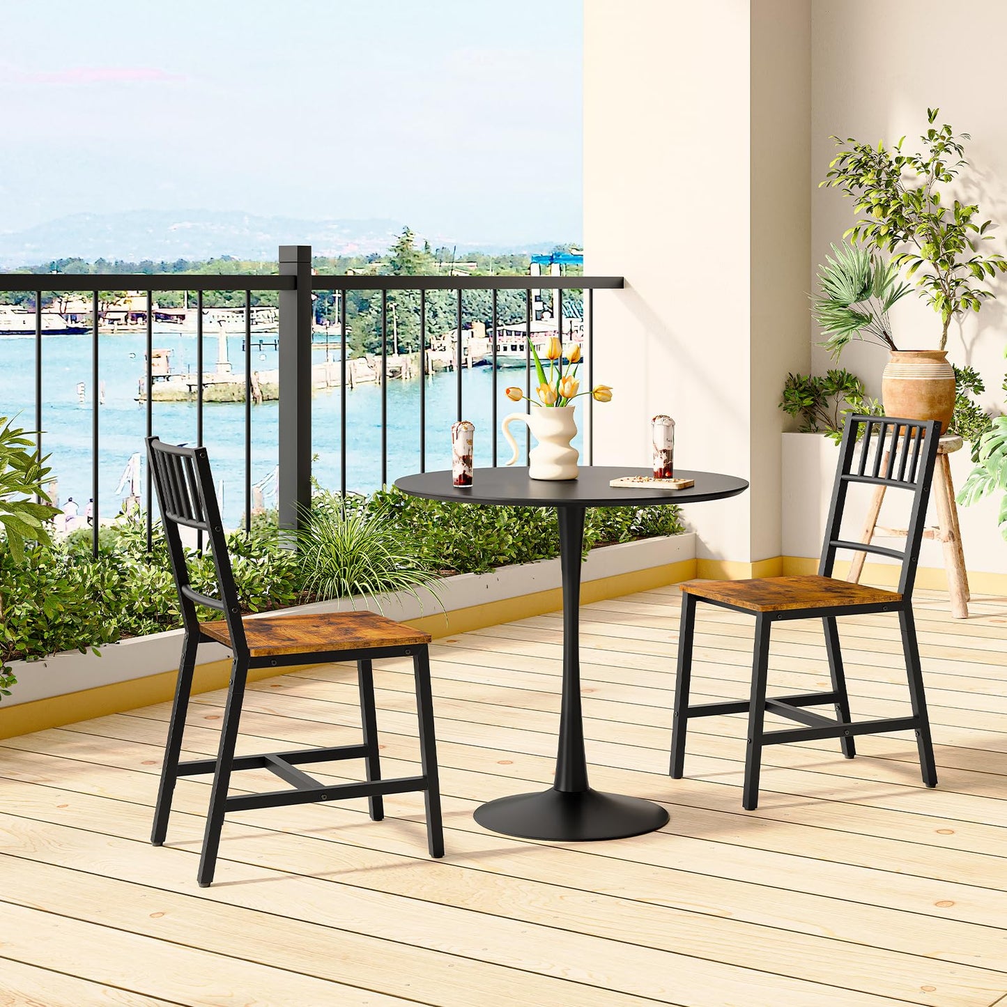 HOOBRO Dining Chairs Set of 2, Wooden Kitchen Chairs with Metal Frame, Industrial Dining Chairs with Back, Easy to Assemble, Farmhouse Dining Chairs for Living Room, Rustic Brown and Black BF39CD01
