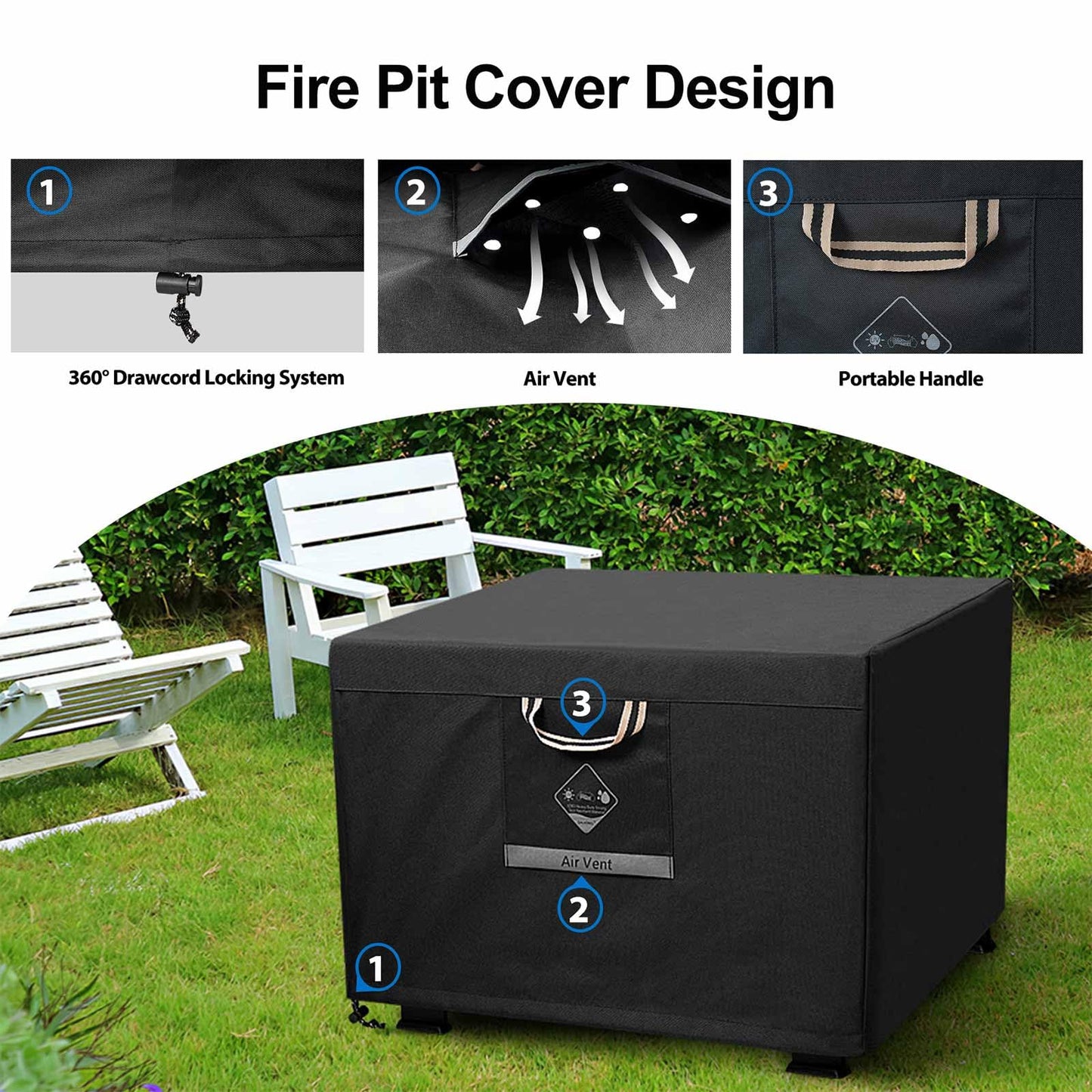 QH.HOME Fire Pit Cover Square Heavy Duty Fabric 100% Waterproof, Fits Outdoor for 29โ,30 inch,31 inch,32 inch Fire Pit/Table Cover,Gas Fire Pit Cover (32โL x 32โW x 24โH,Black)