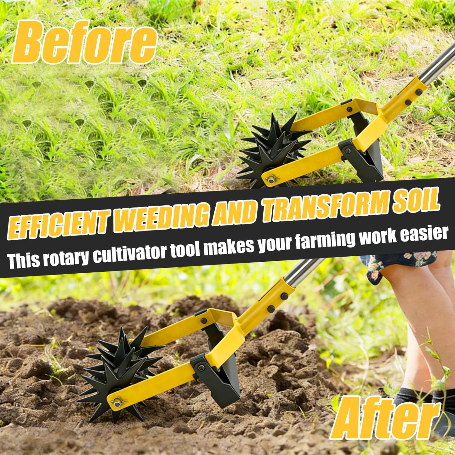 2-in-1 Garden Rotary Cultivator Tool Adjustable Handle Lawn Tools Hand Rotary Tiller for Loosening Soil and Lawn Care, Reseeding Grass, Weeder, Soil Mixing, Manual Yard Tiller