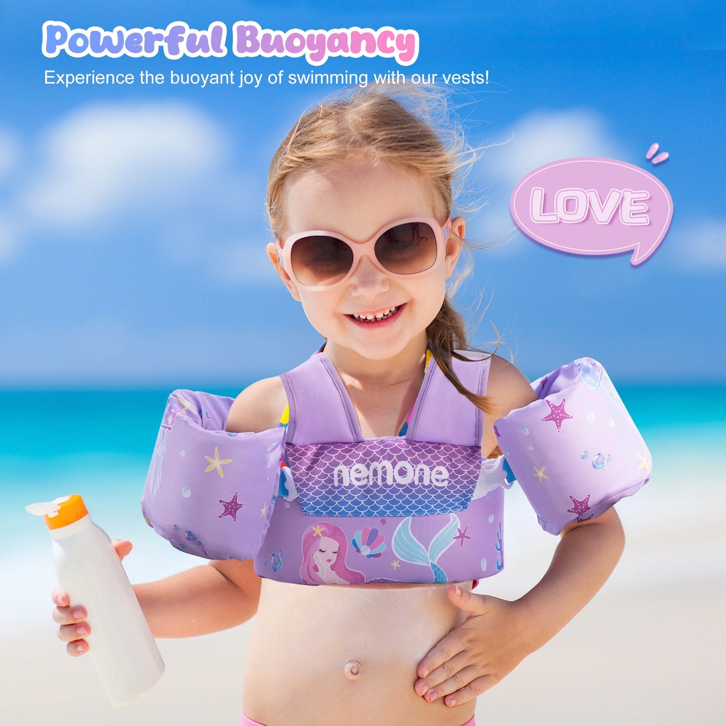 NEMONE Toddler Swim Vest for 22-70 lbs Kids Floaties Swim Jacket with Arm Water Wings for Girls Boys 2 3 4 5 6 10 Years Old Sea Beach Pool (Purple Mermaid)