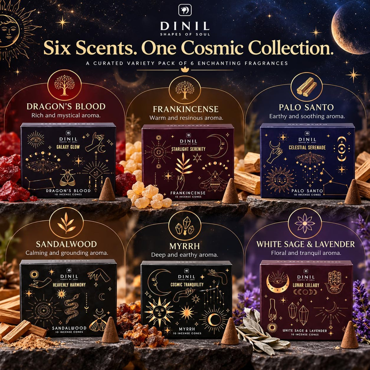 Dinil Cosmic Aura Incense Cones Variety Pack, 60 Cones, 6 Fragrances