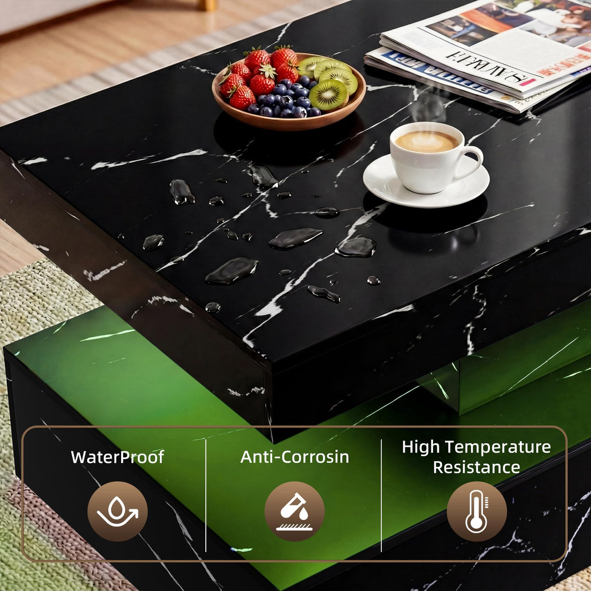 Fabulcozy 40" Modern Coffee Table with Storage Shelf, Faux Marble Fixed‑Top Center Table with LED Ambient Light, 2‑Tier Versatile Accent Table for Living Room & Small Spaces, Black