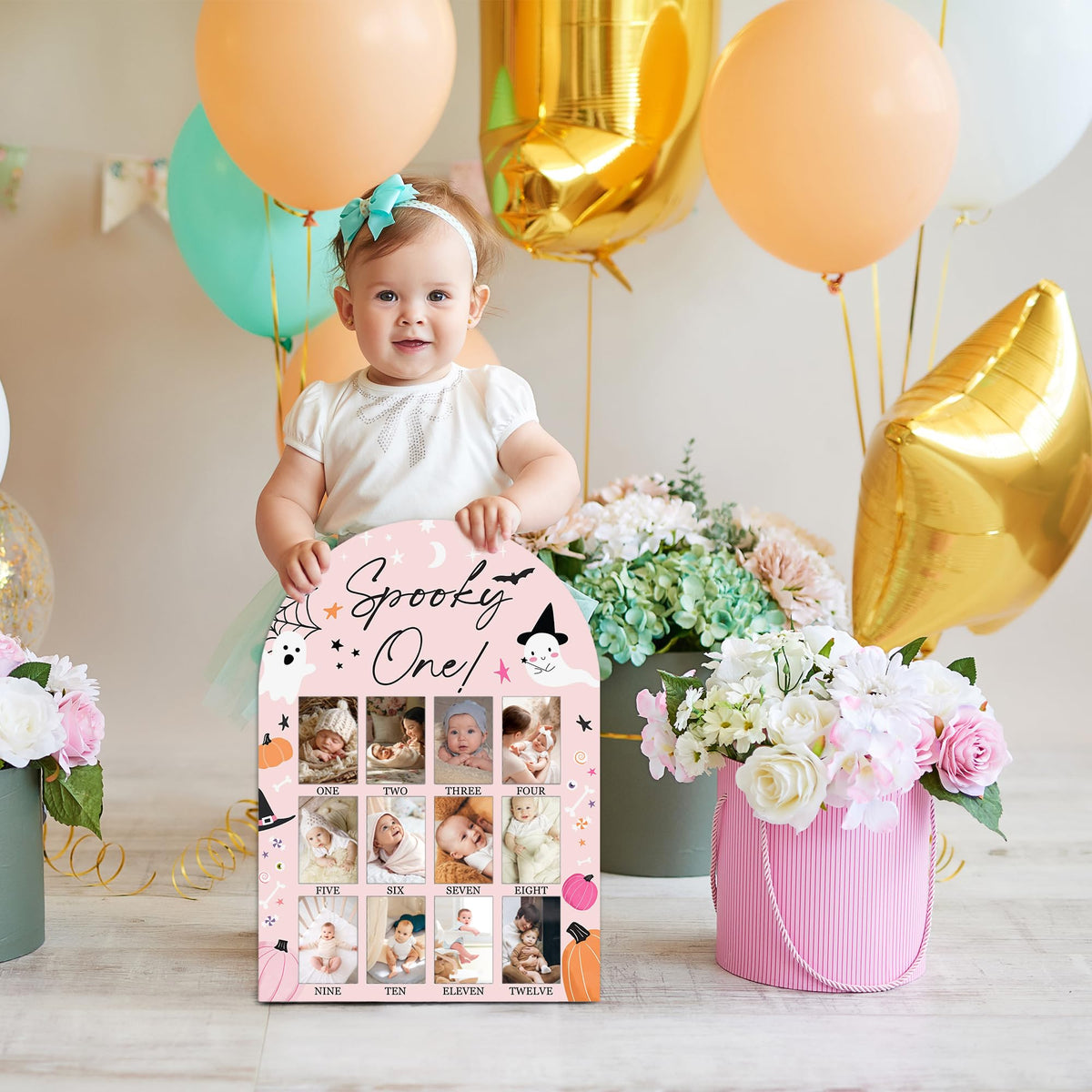 UIBOVA Halloween My First Year Photo Board, Spooky One Ghost Baby Milestone Signs for Boys Girls Nursery Decor, 12 Month Wooden Picture Board for 2x3 Photos, Best Babies Keepsake Gifts-A22