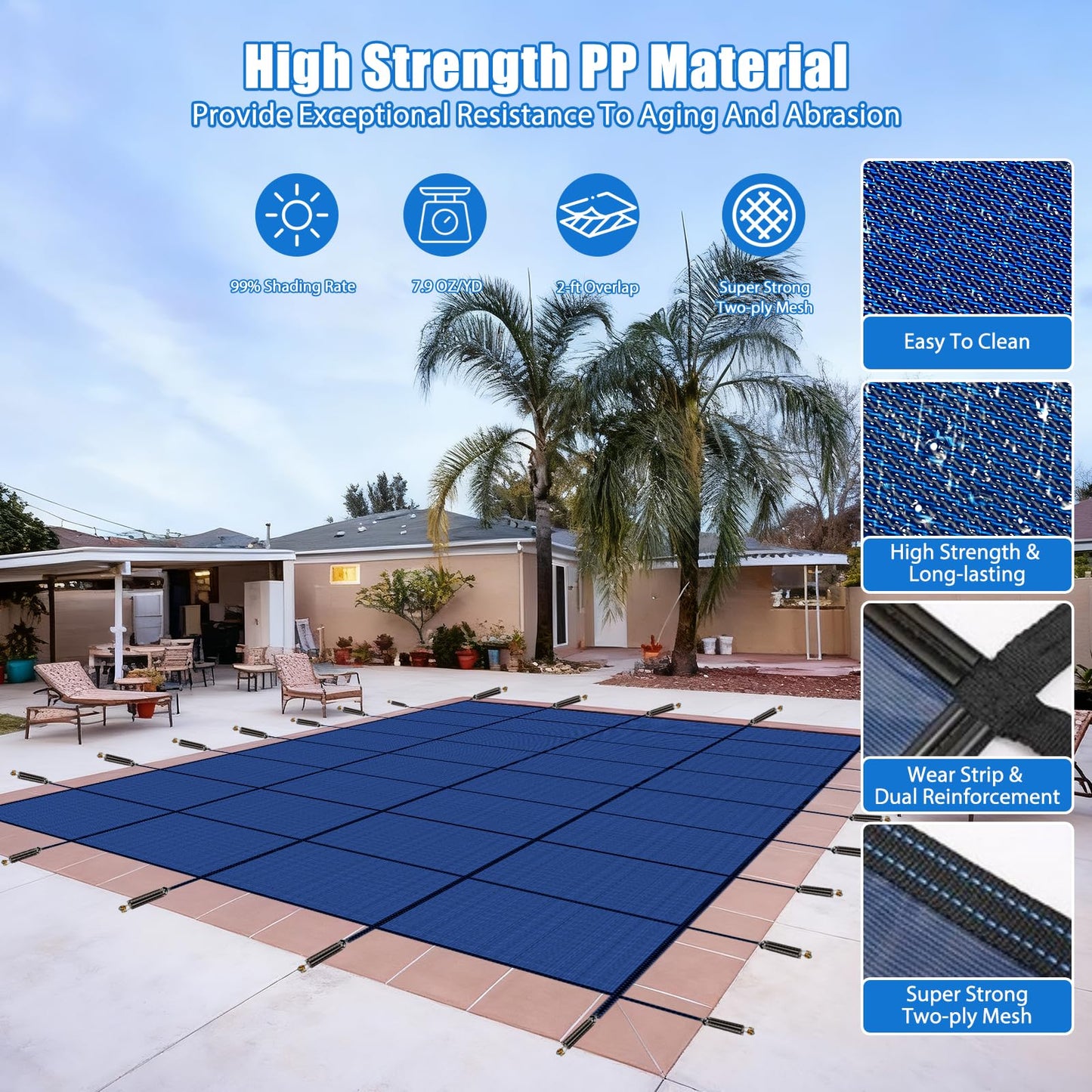 Inground Pool Safety Covers, Rectangular Winter Pool Cover for Swimming Pools, High Strength Mesh PP, Included Installation Tools (Blue, Fit 16x32ft Pools)