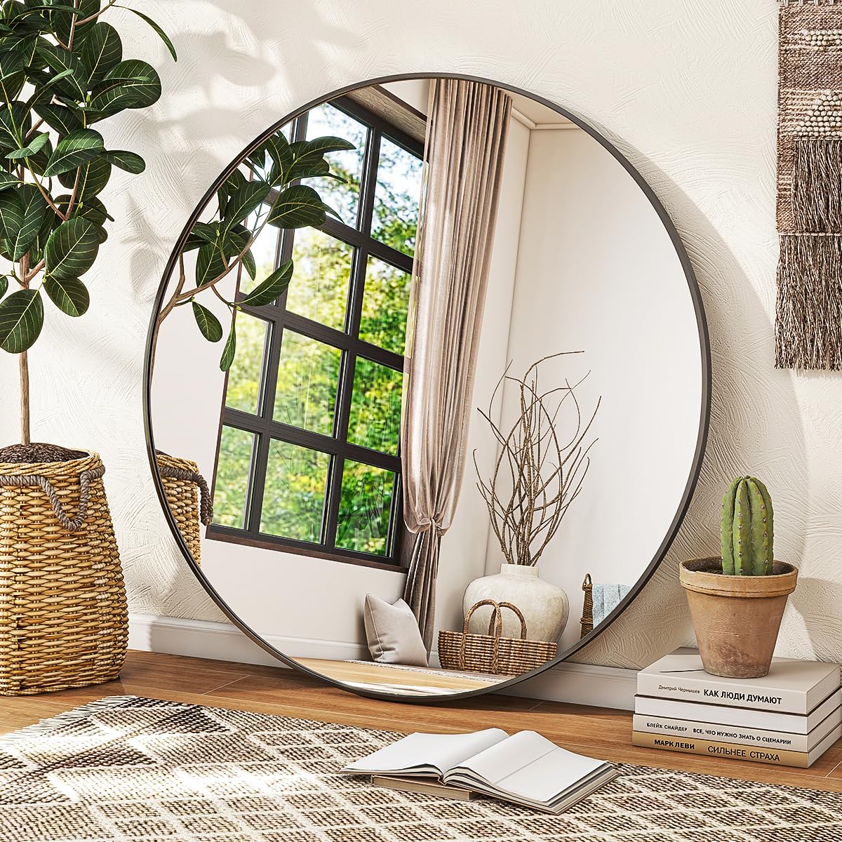 VETROVUE Black Round Mirror, 24 Inch Circle Bathroom Mirror with Metal Frame, Wall-Mounted for Entryway, Bathroom, Vanity, Living Room