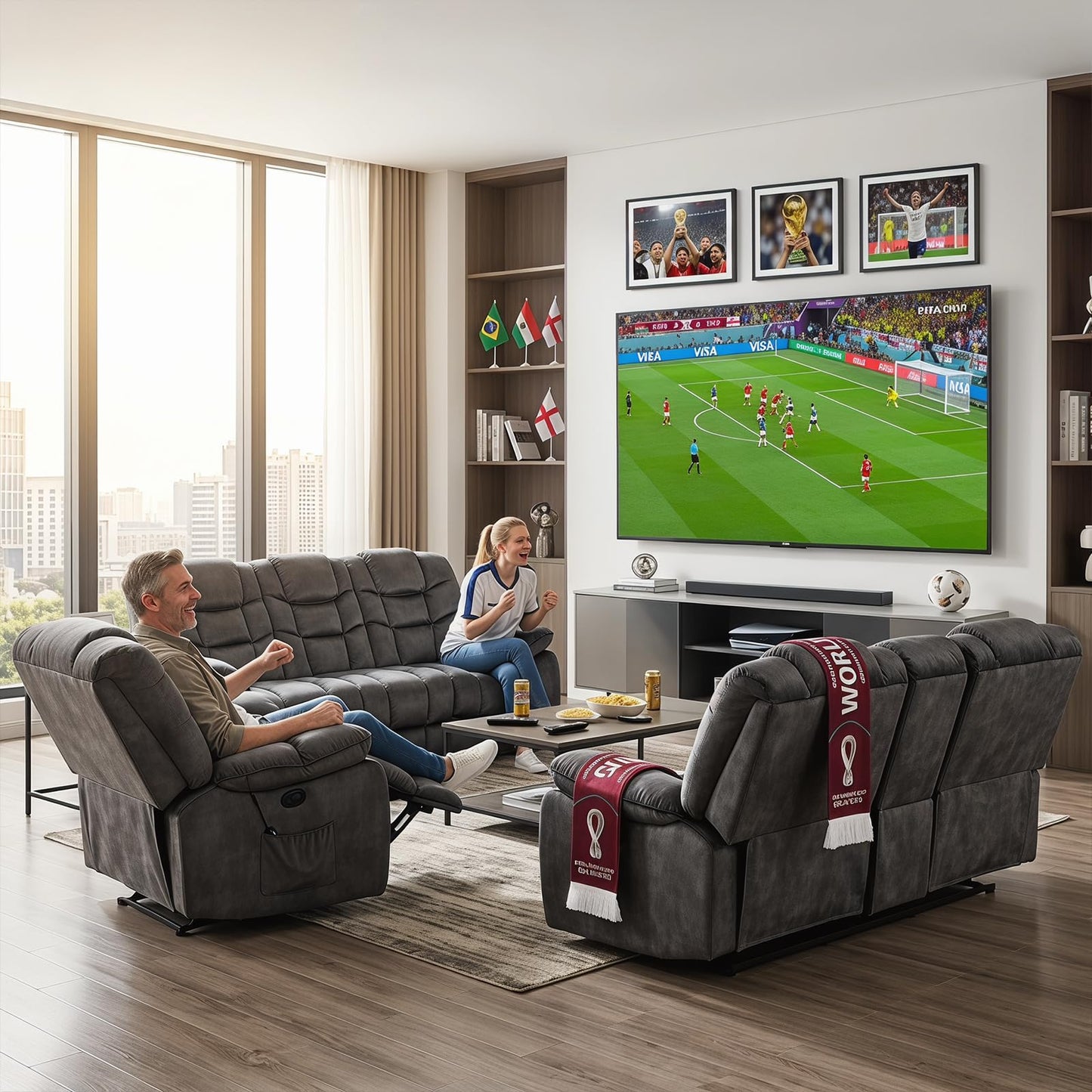 HAOMARKETS 3 Pieces Recliner Sofa Furniture Set, Include 2 Power Recliner Chairs with Message&Heat and a 3-Seater Reclining Couch for Living Room, Grey