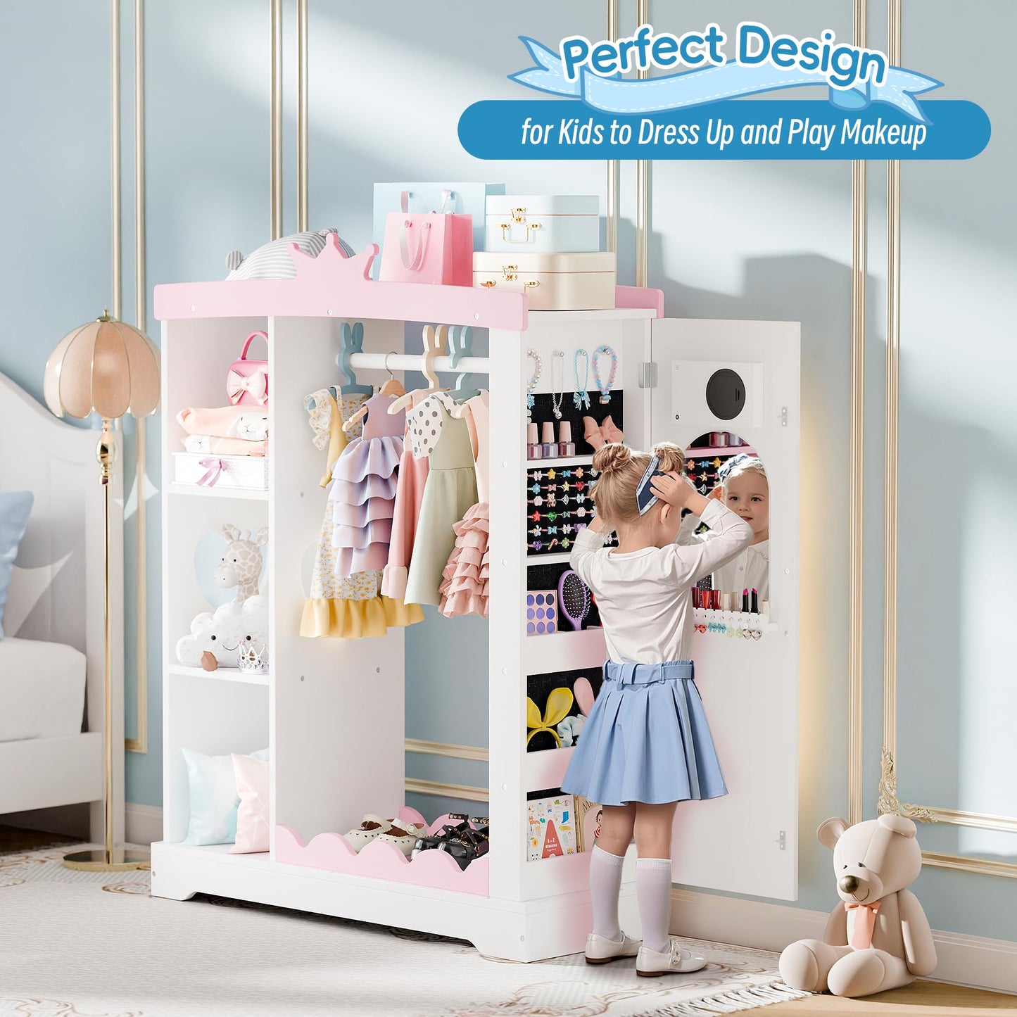 Betterhood Kids Closet with Jewelry Cabinet, Dress up Storage with Shelves&Mirror, Costumes Wardrobe Closet with Hanging Rack for Toddlers,Organizer for Bedroom, (Kids' Armoires, White)