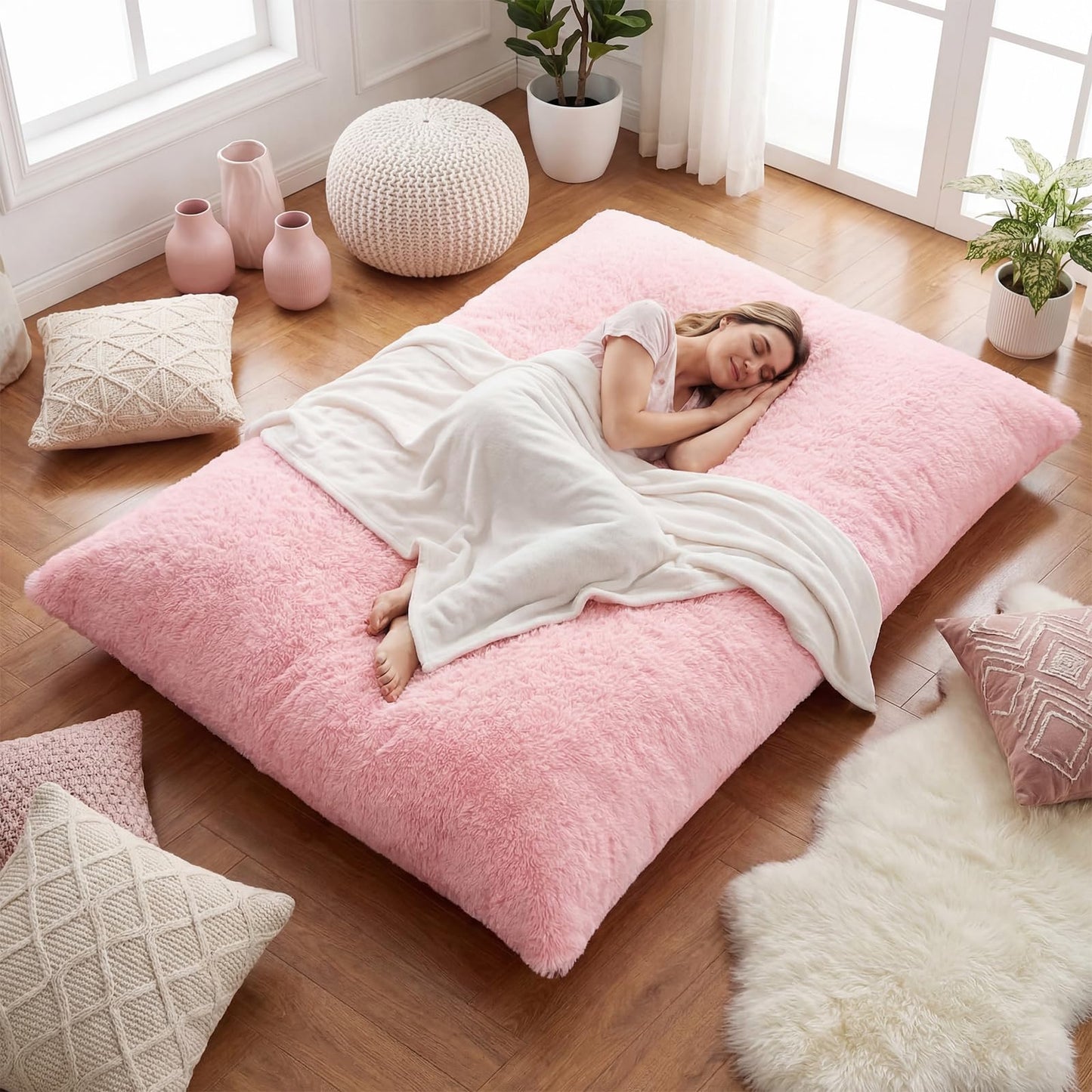 Cinnvoice Big Pink Bean Bag Chair Cover Only (No Filler) Extra Large Convertible Bean Bag Lazy Floor Cushion Sofa Cover Faux Fur Washable Stuffed Animal Storage for Adults Bedroom Living Room