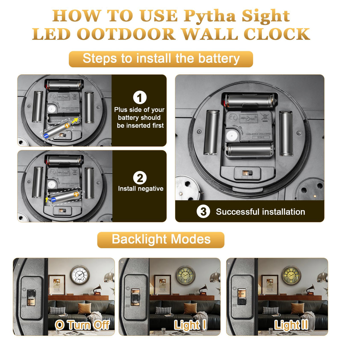 Pytha Sight 18 Inch Metal Illuminated Outdoor Clocks for Patio Waterproof