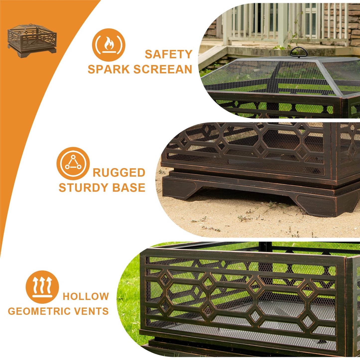 Florise Outdoor Fire Pit, 32 Inch Wood Burning Firepit for Outside with Mesh Cover & Fire Poker, Large Square Metal Fireplace for Patio, Backyard, Garden, Bonfire Party