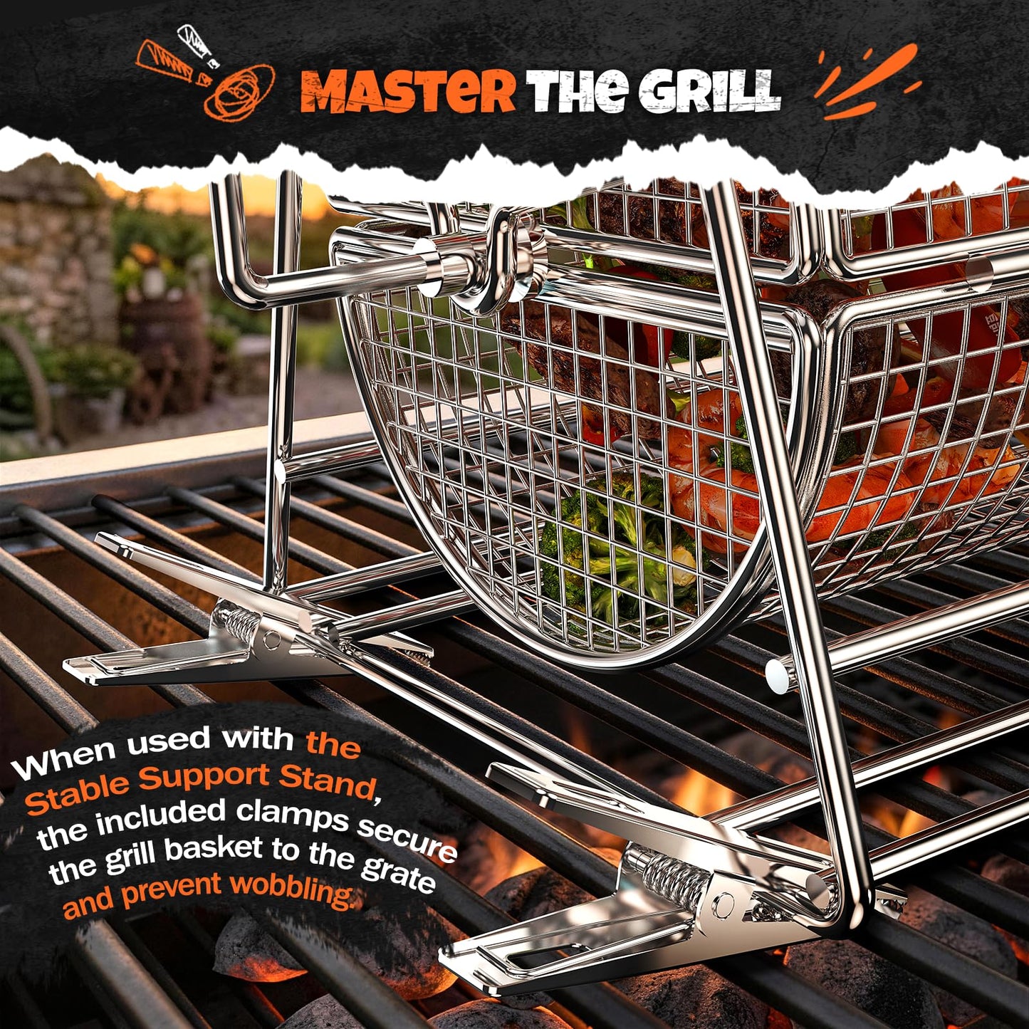 2-in-1 Rolling Grill Basket with Dual Handles, 304 Stainless Steel Rotatable BBQ Basket with Crank Handle & Straight Grip Handle, Grill Net for Vegetables, Shrimp & More, Gift Idea for Men, Dad, Husband
