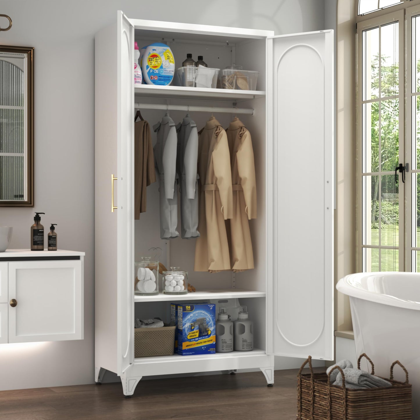 Kubohogar 71" White Wardrobe Closet with 2 Doors, Metal Armoire Wardrobe Cabinet with Hanging Rod and Adjustable Shelves, Clothing Storage Cabinets for Bedroom, Laundry Room, Home Office