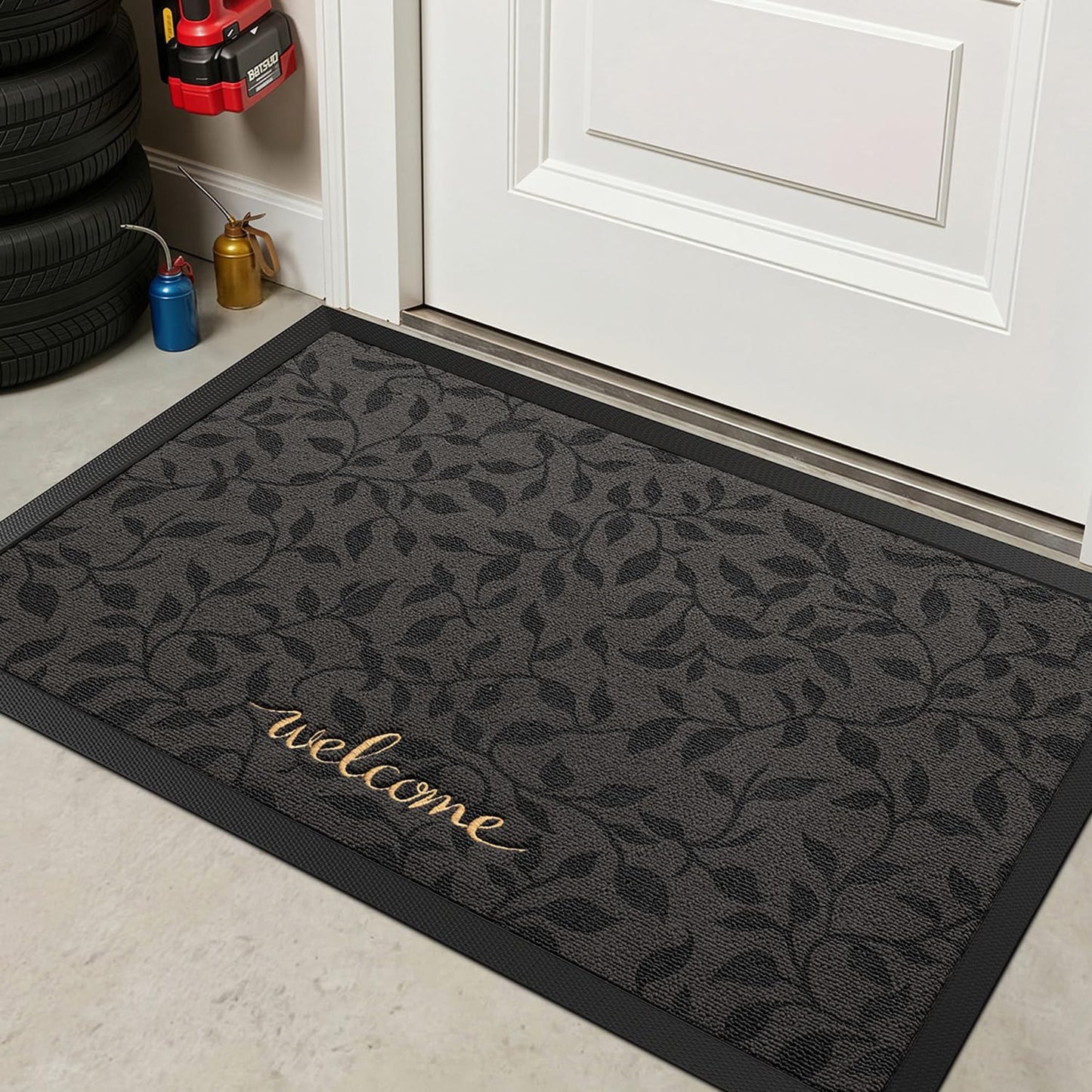 LUMI Premium Front Door Mat 24"x36", Non-Slip Heavy Duty Rubber Welcome Mats, Embroidered Tree Dirt Trapper Doormat for Indoor Outdoor Entryway, Porch, Patio, Grey Gold Leaf