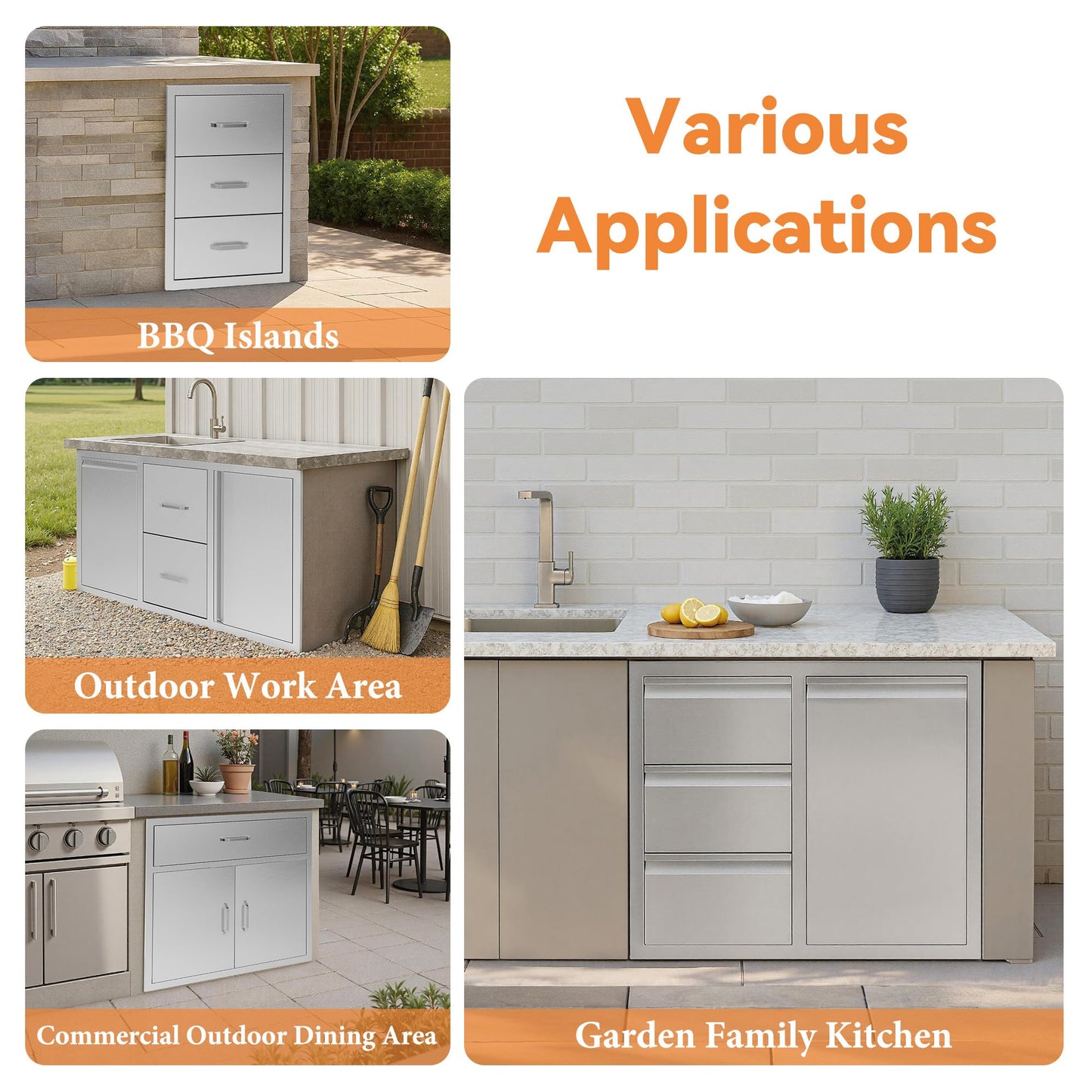 Jocisland 41.5" W×20" D×23" H Stainless Steel Outdoor Kitchen Drawers, Double Drawers with Trash Drawer & Door, 3-Tier Cabinet, Built-in BBQ Island Storage for Outdoor Kitchens