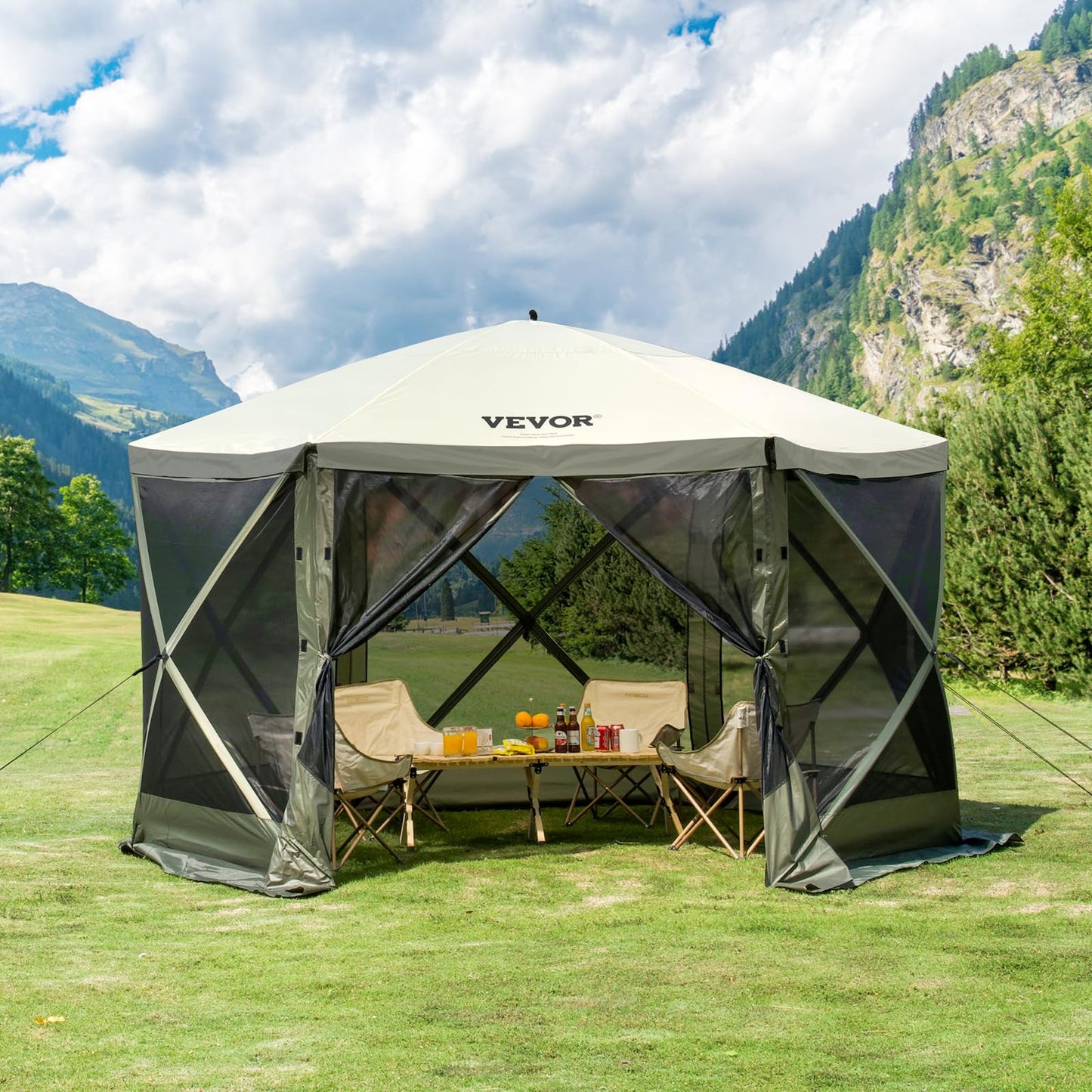 VEVOR 12x12ft Pop Up Gazebo Tent with Mosquito Netting, 6 Removable Wind Panels & 2 Mesh Windows, Outdoor Canopy Shelter for Patio, Army Green