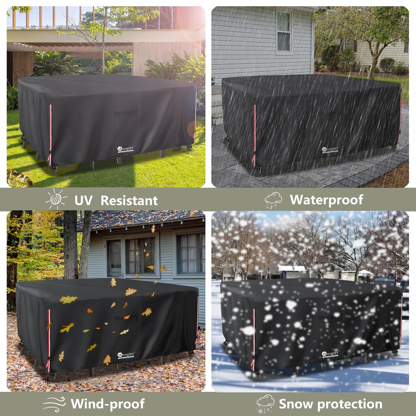 LSongSKY Outdoor Furniture Covers Waterproof,600D Heavy Duty Patio Furniture Covers for 6/7/8 PCS Sets Sectional Sofa Couch Rocking Swivel Chairs Ottomans Coffee Table,111L x 74W x 28H inch Black