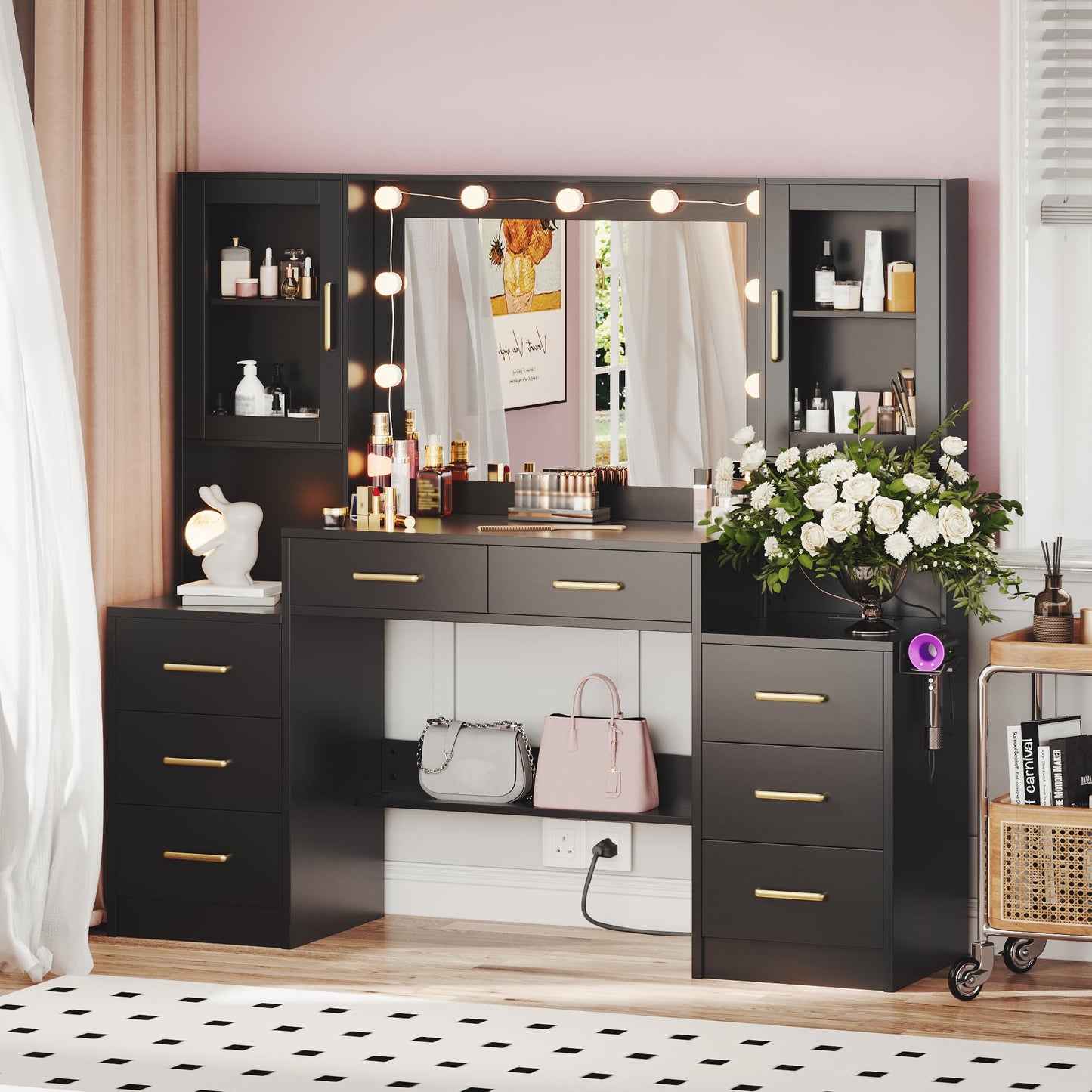 TOKSOM Black Vanity Desk with Mirror, Lights & Charging Station, 58.3" 3 Lighting Modes Makeup Desk with 8 Drawers, 2 Cabinets and Lots Storage, Dressing Table Vanity Set with Lighted Mirror