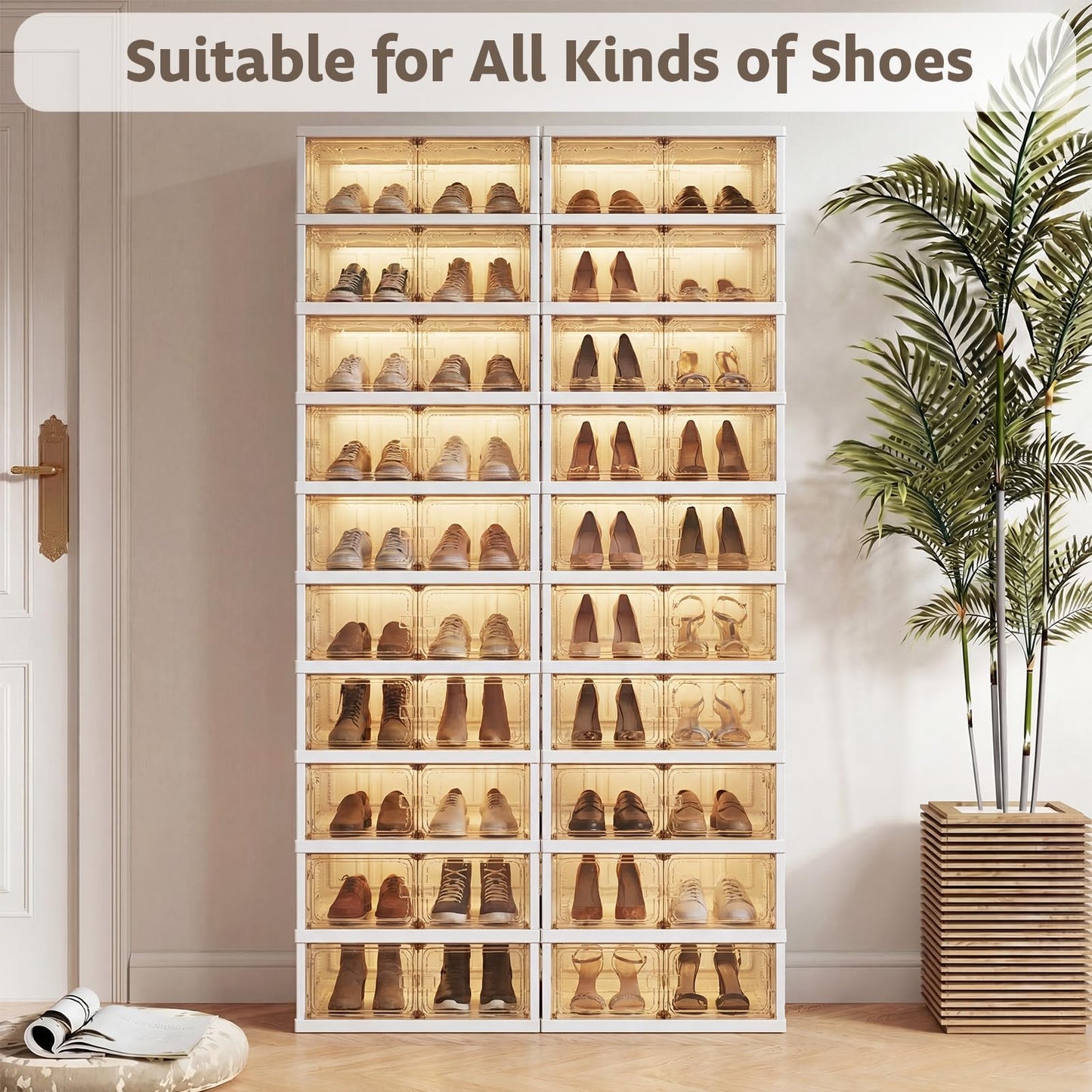 Danrelax 10-Tier Foldable Shoe Rack Organizer, 40 Pairs Stackable & Collapsible Shoe Cabinet with Transparent Doors & Leather Handles, Space-Saving Storage for Closet, Kitchen, Cabinet (No Boots Tier)