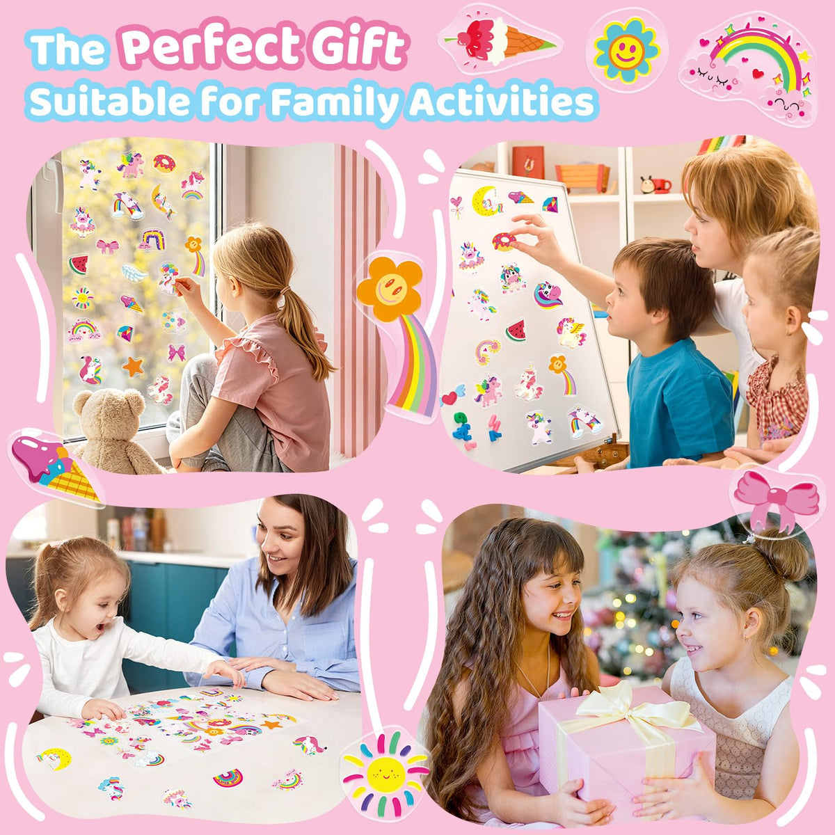 40PCS Unicorn Jelly Window Stickers for Kids, Rainbow Pony Gel Clings for Toddlers Glass Windows, Thick Reusable Clings for Girls Room Decor, Quiet Travel Toys Birthday Gift