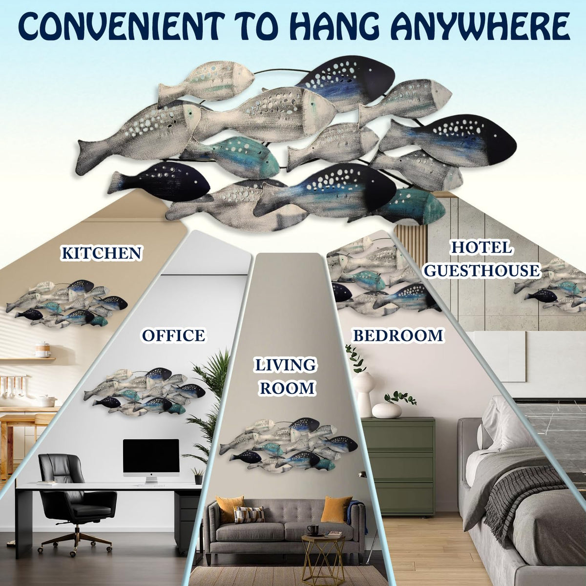 edaknez Coastal Metal Fish Wall Decor, Large Blue Fish Nautical Wall Art