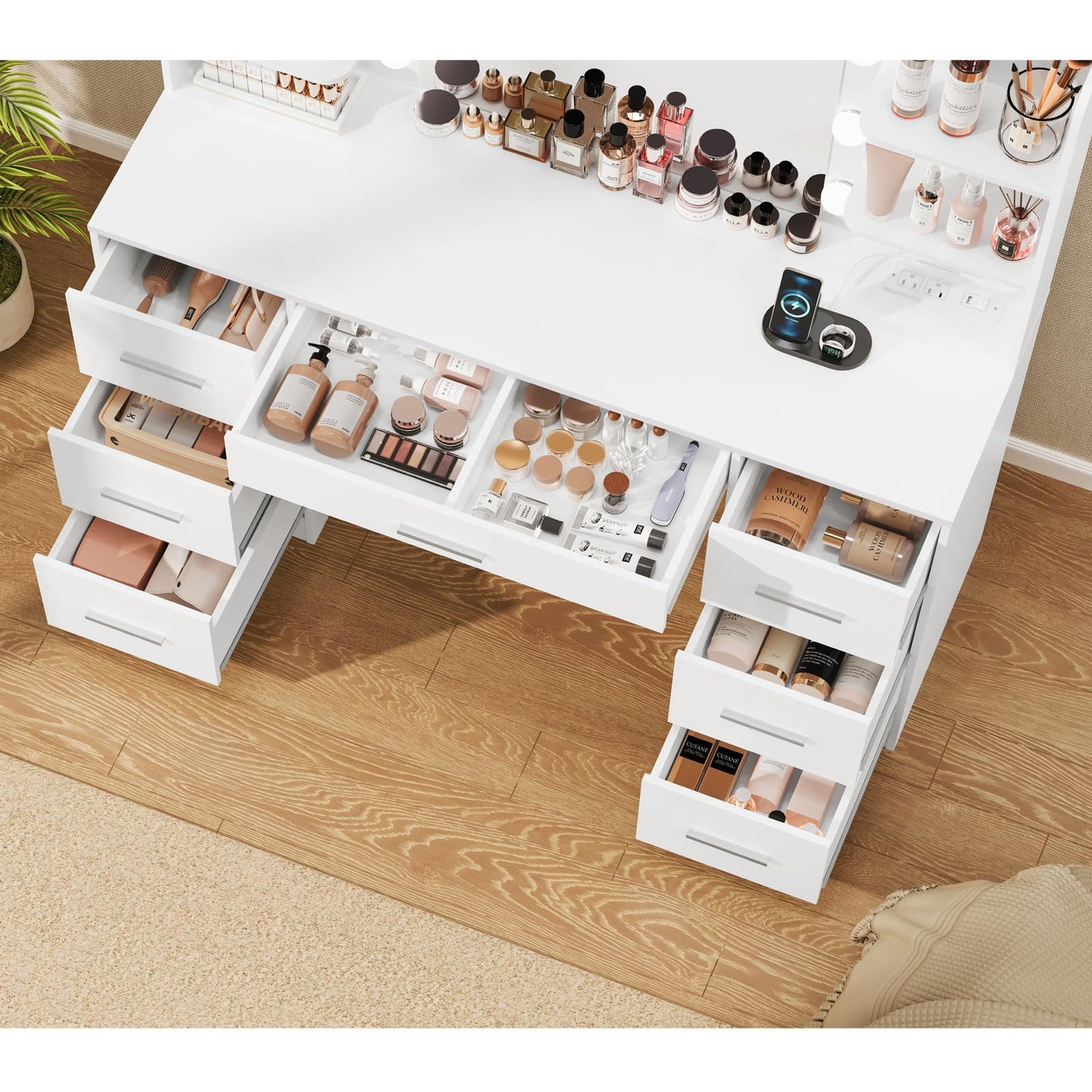 Quimoo Large Vanity Desk with LED Lighted Mirror & Power Outlet,Makeup Vanity Table with 7 Drawers,4 Shelves and 5 Hooks,Vanity Table, Vanity Desk Set for Bedroom,Bathroom,White