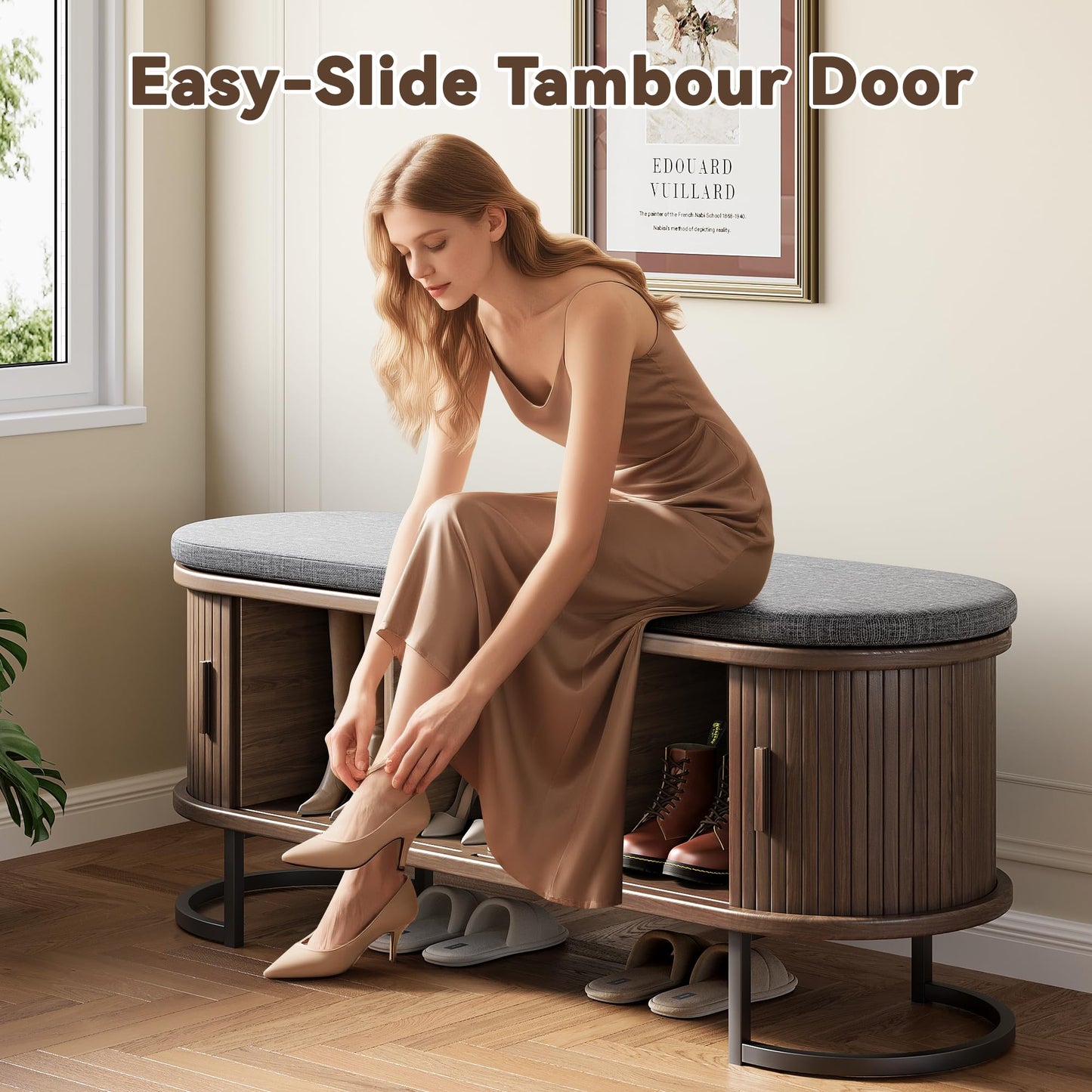 Decofy Storage Bench with Cushion and Sliding Doors, 47.2 Inch Large Entryway Shoe Bench with Sturdy Metal Feet, Multi-Functional for Entrance Hall, Bedroom, Living Room (Walnut)