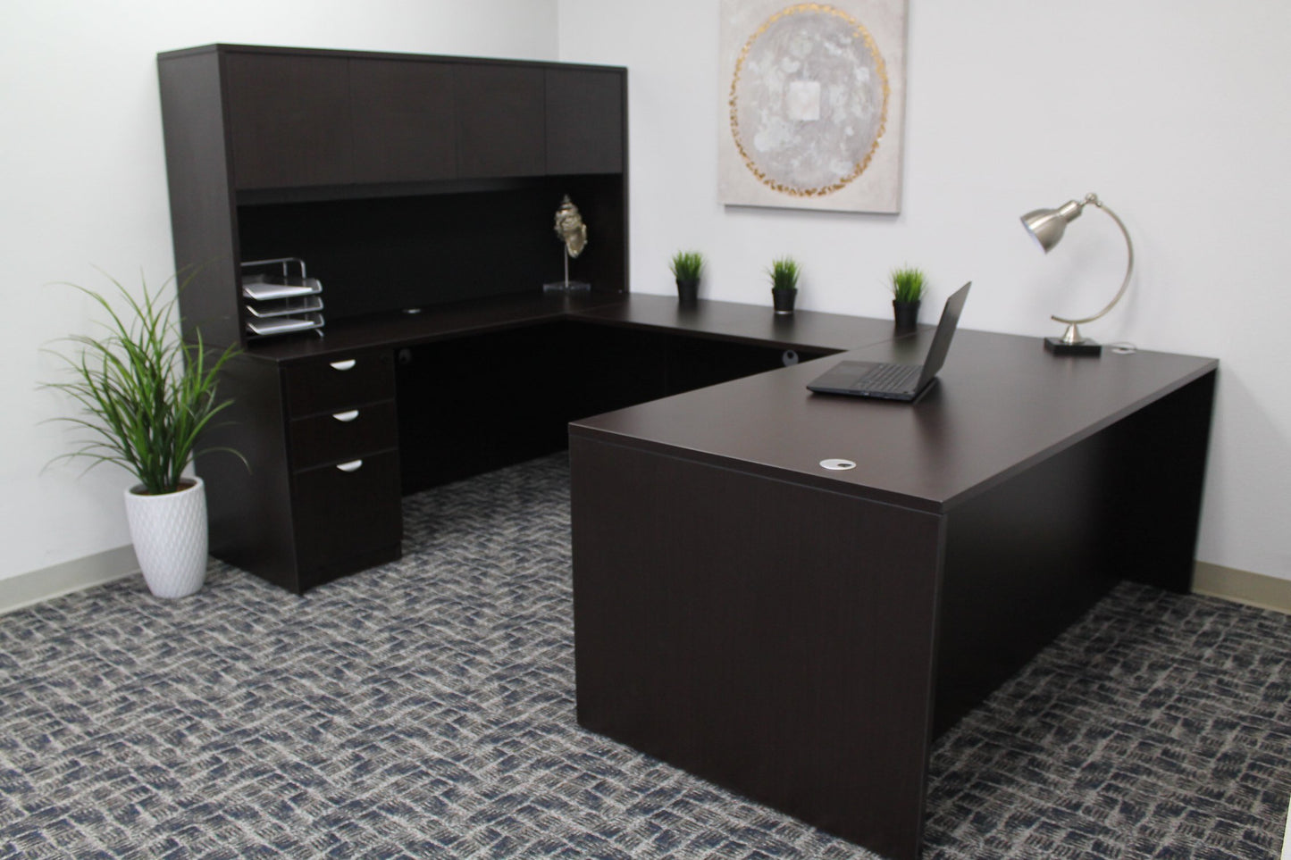 Boss Office Products Holland 71" Executive U-Shape Desk with File Storage Pedestal and Hutch, Mocha