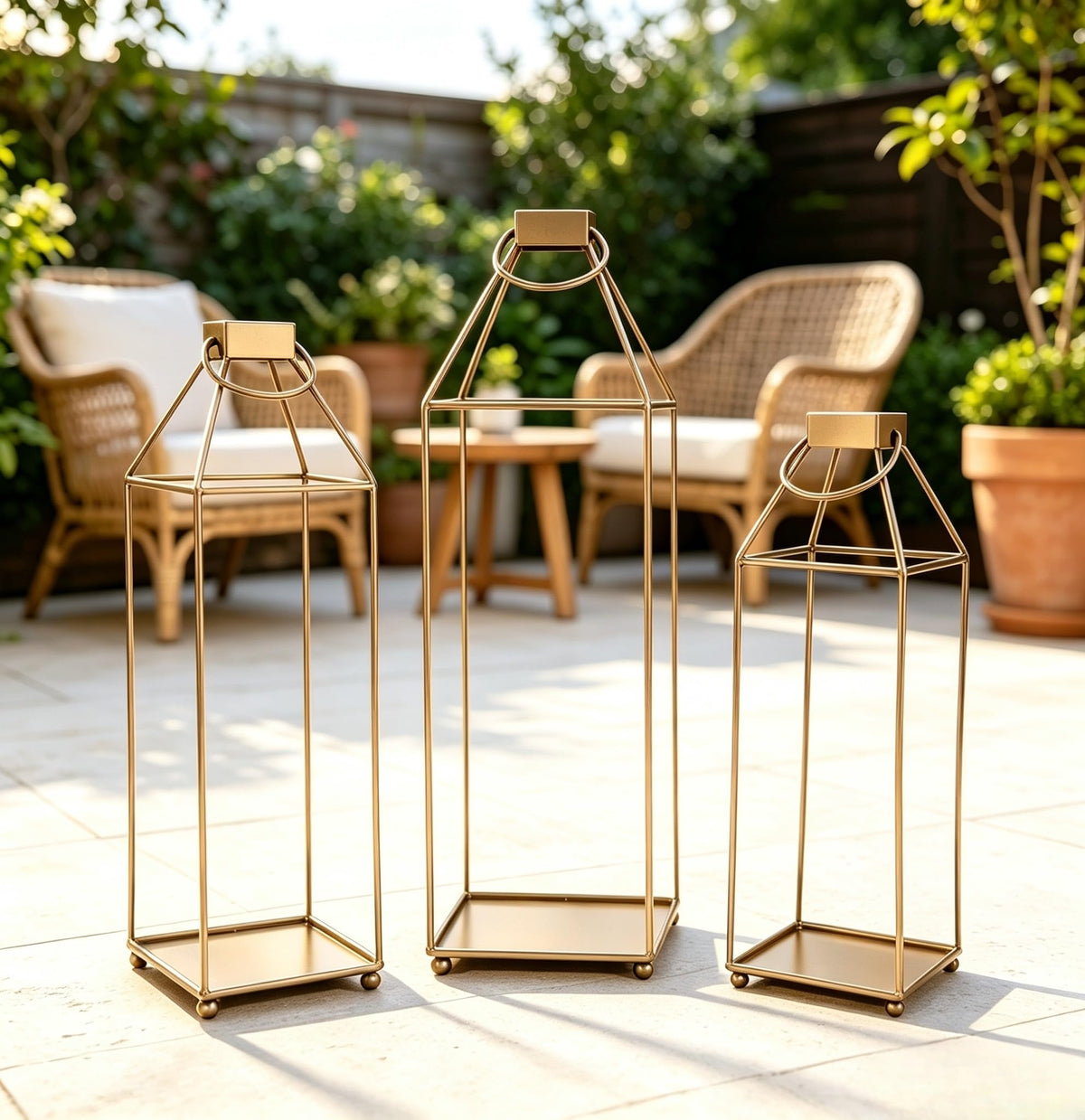 Lanterns Decorative Tall Large Metal Candle Set of 3, Gold(16.6",14.7",12.9") Modern Farmhouse Decor, Indoor, Outdoor, Tabletop, Porch, No Glass NO Candles