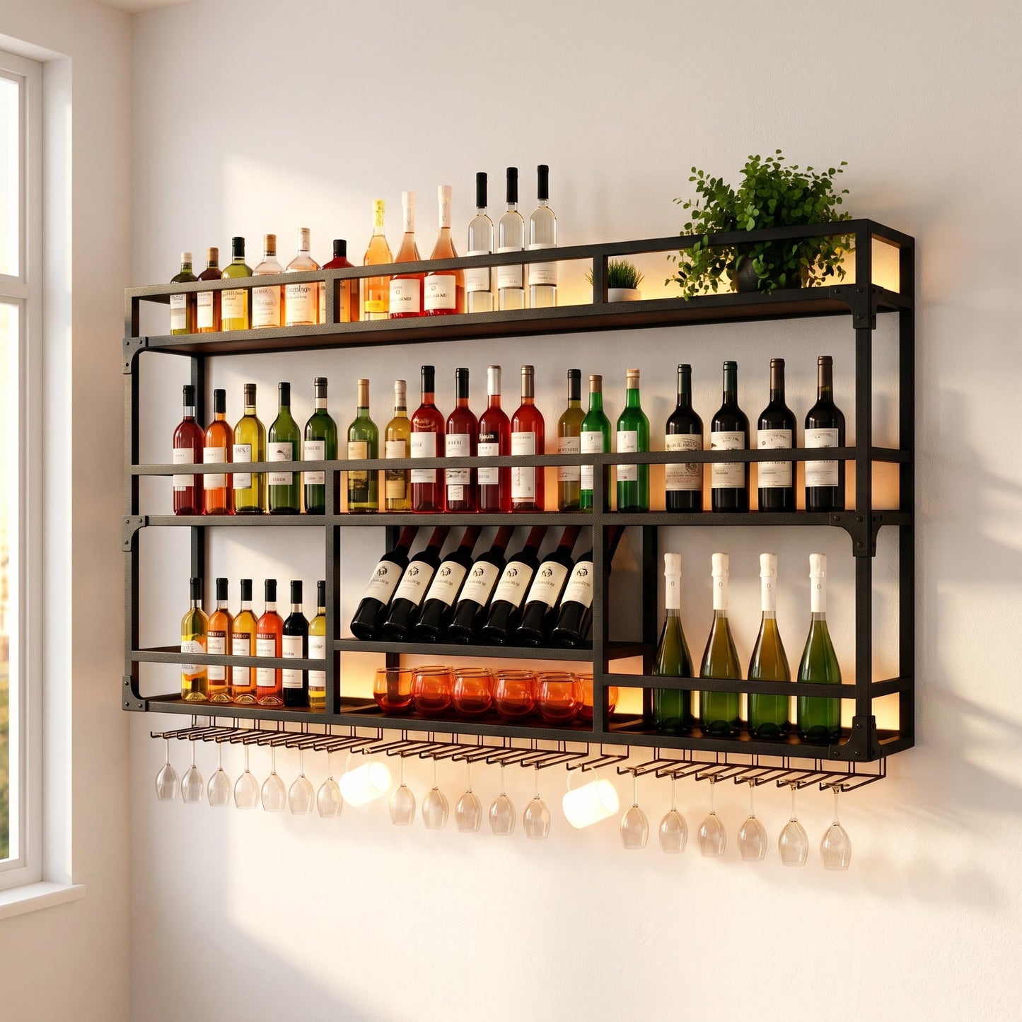 RAJYQODIS 47in Wall Mounted Wine Rack with LED Lights, Floating Industrial Liquor Glass Holder 3 Tiers, Large Metal Wine Bottle Display Rack Hanging Shelf, for Home Bar Dining Room Decorative