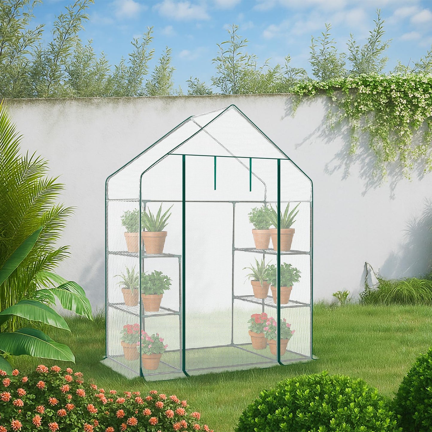 Greenhouse for Outdoors,Walk in Plant Greenhouses with Shelves,Heavy Duty with Durable PE Cover,Plant Stands Portable Green House for Garden Plants (White)