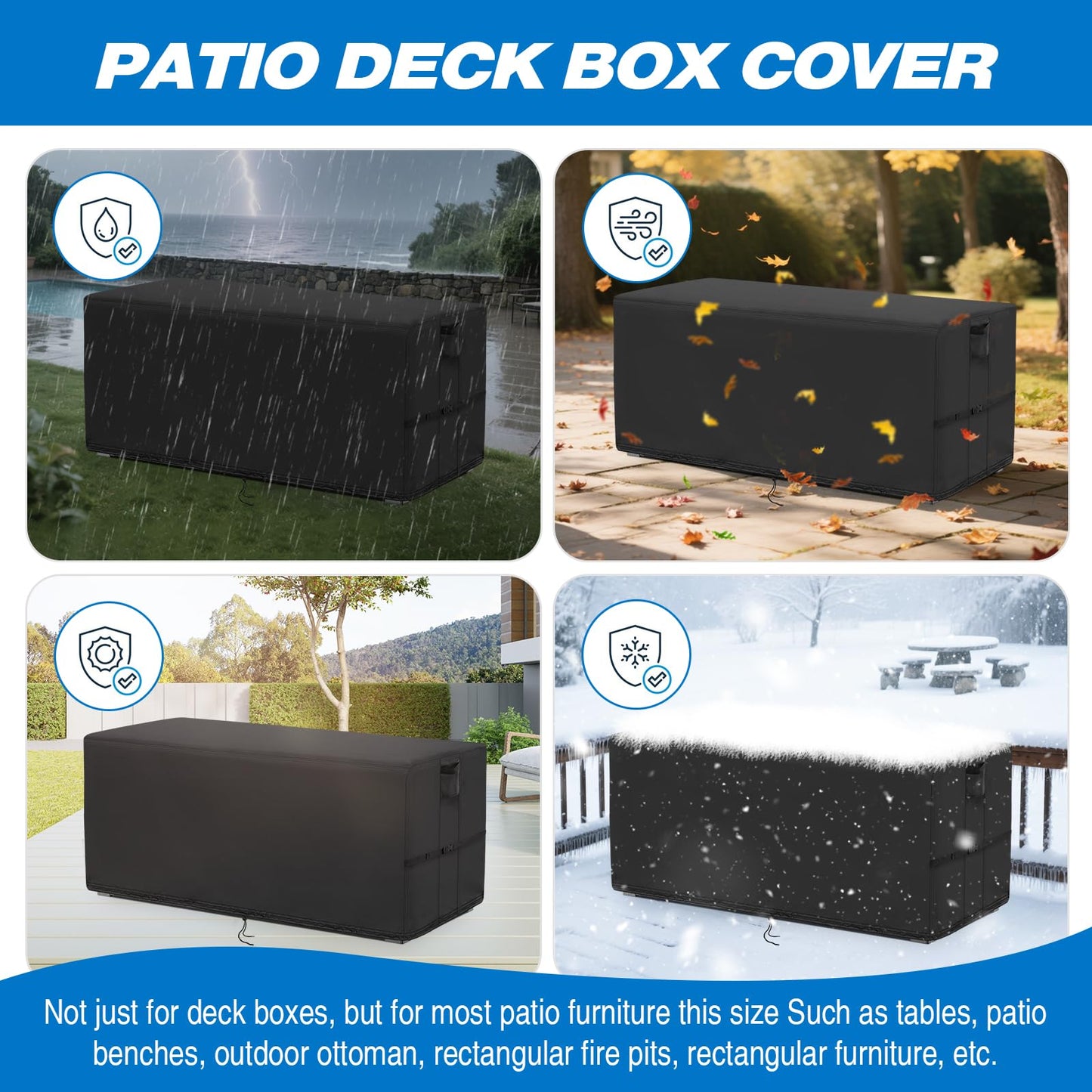 Kingling Deck Box Cover, Outdoor Storage Box Cover for YITAHOME 100 Gallon/Keter 80 Gallon Deck Box, Waterproof Outside Storage Bench Deck Boxes Covers Black (50" L x 22" W x 25" H)
