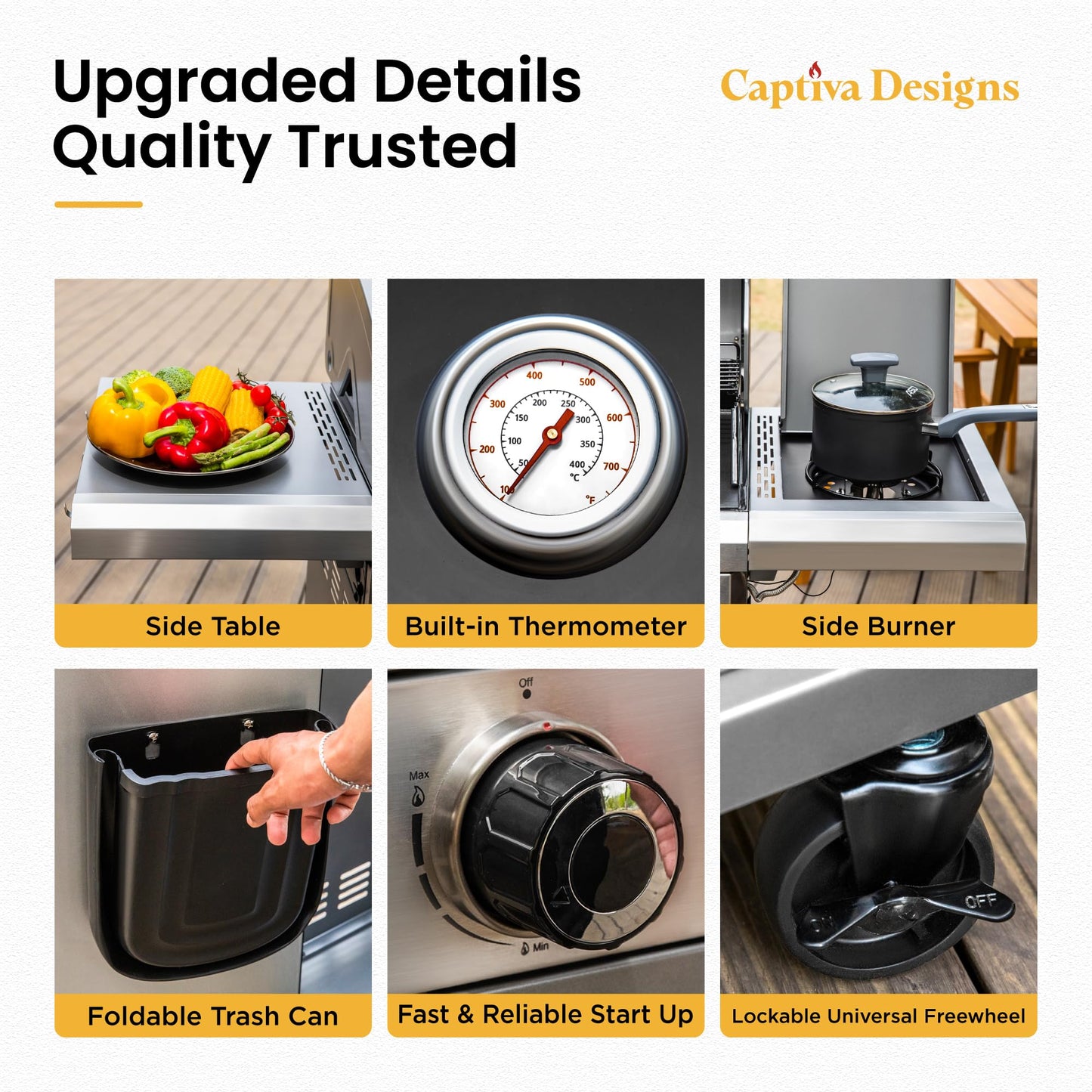 Captiva Designs 6-Burner Propane Gas BBQ Grill with Side Burner & Porcelain-Enameled Cast Iron Grate and Plate for Outdoor Barbucue Events, 52,000 BTU Output,740 SQ.IN. Cooking Area๏ผHeavy Duty