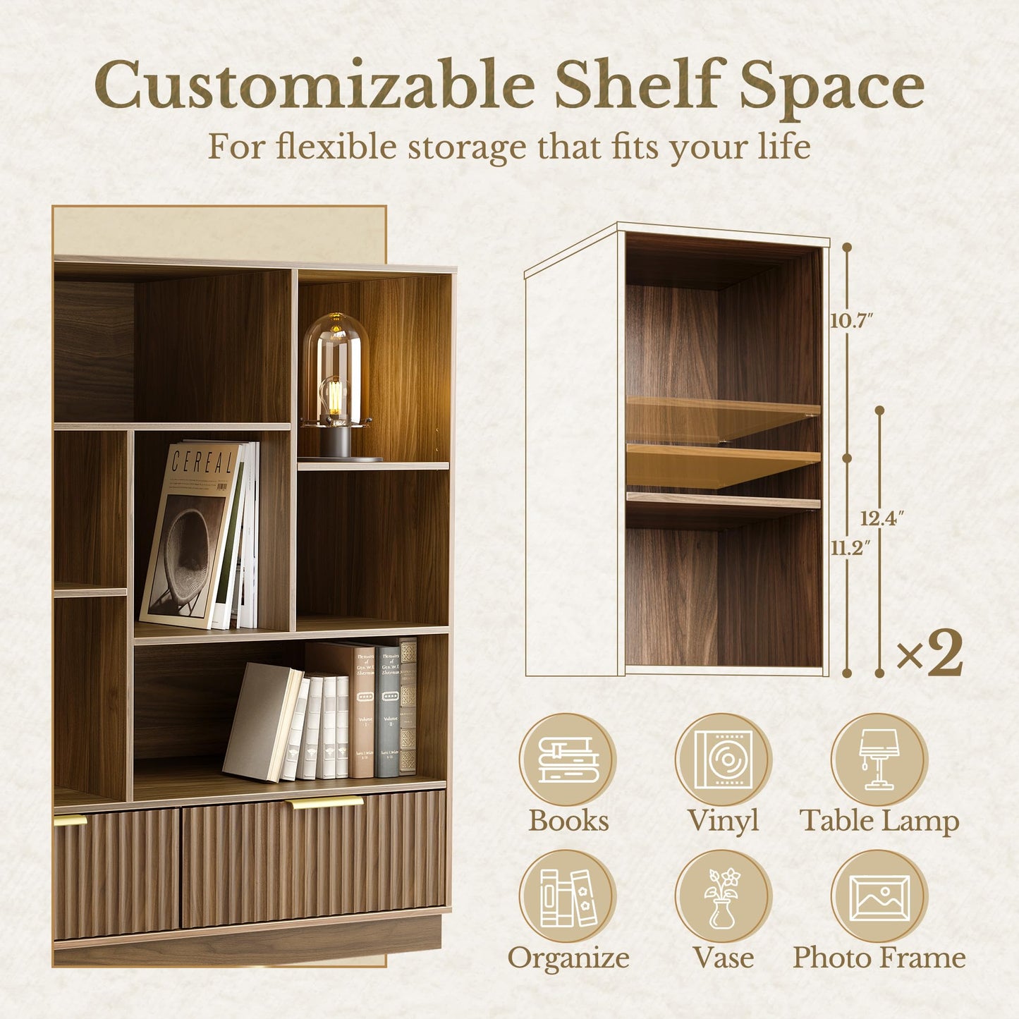 Perledesign Home Office Furniture Set, 67'' Standing Desk with 44'' Bookshelf, Electric Height Adjustable Desk with 2 File Cabinet, AC/USB and Bookcase with 3 Drawers, Fluted Style Black Walnut