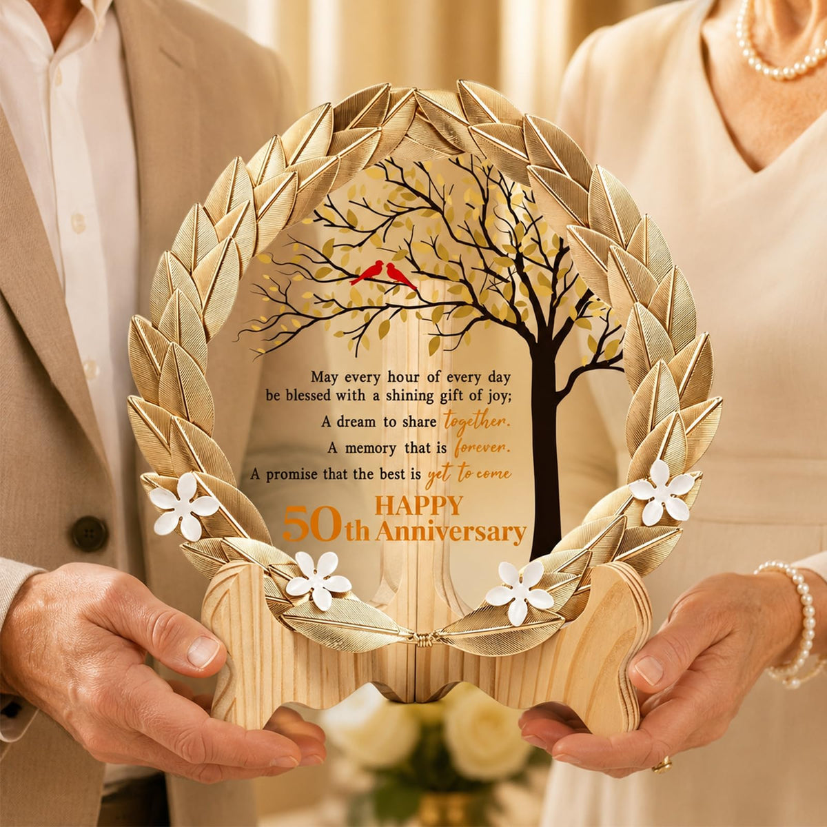 50th Anniversary Wedding Unique Gifts Ideas Crystal Plate with Gold Leaf Wreath - 50th Anniversary Wedding Gifts for Parents Couple - Cardinal Style