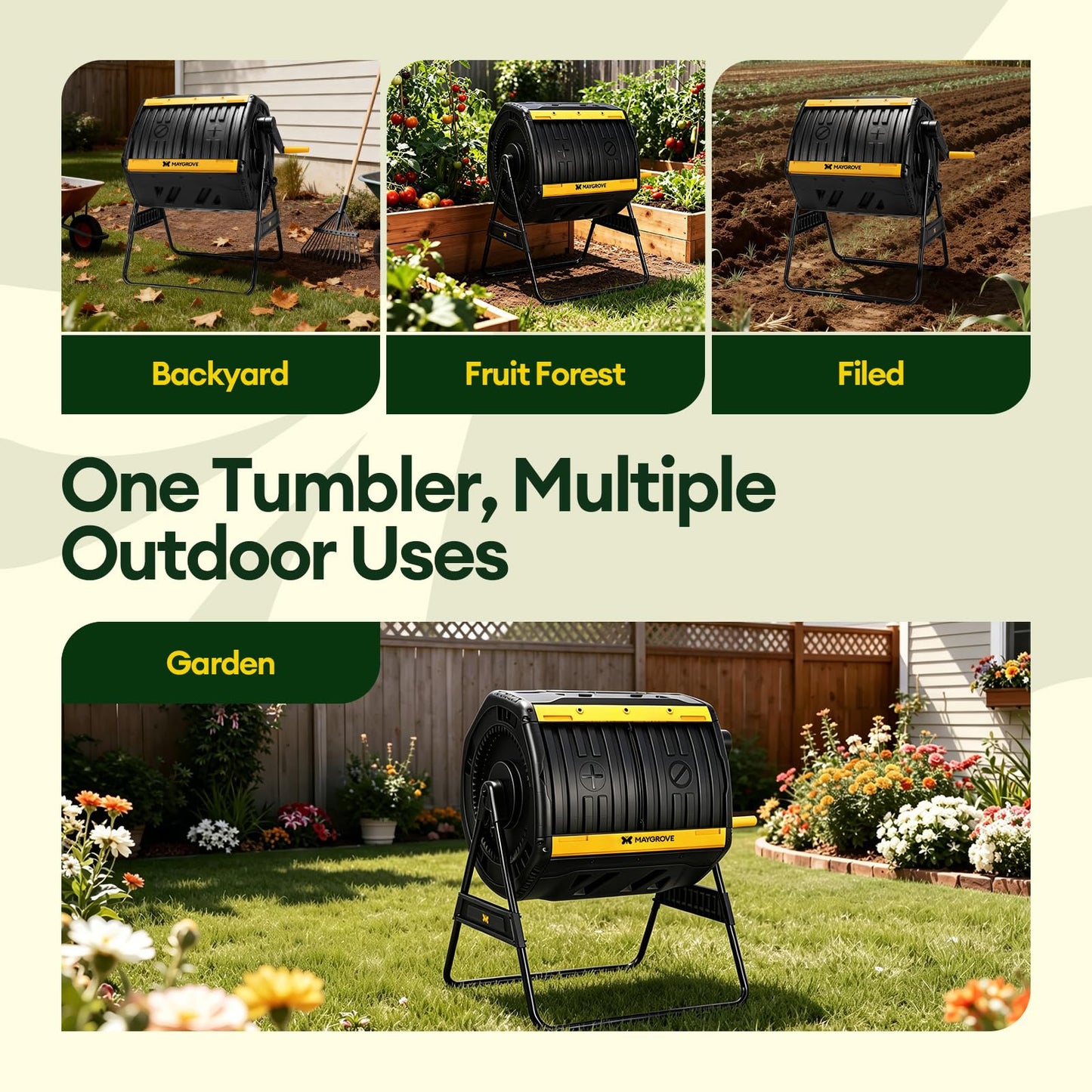 Maygrove Outdoor Compost Bin 53 Gallon, Dual Chamber Large Compost Tumbler for Garden Backyard, with 360° Rotating, Sliding Doors & Solid Steel Frame, Updated Instructions